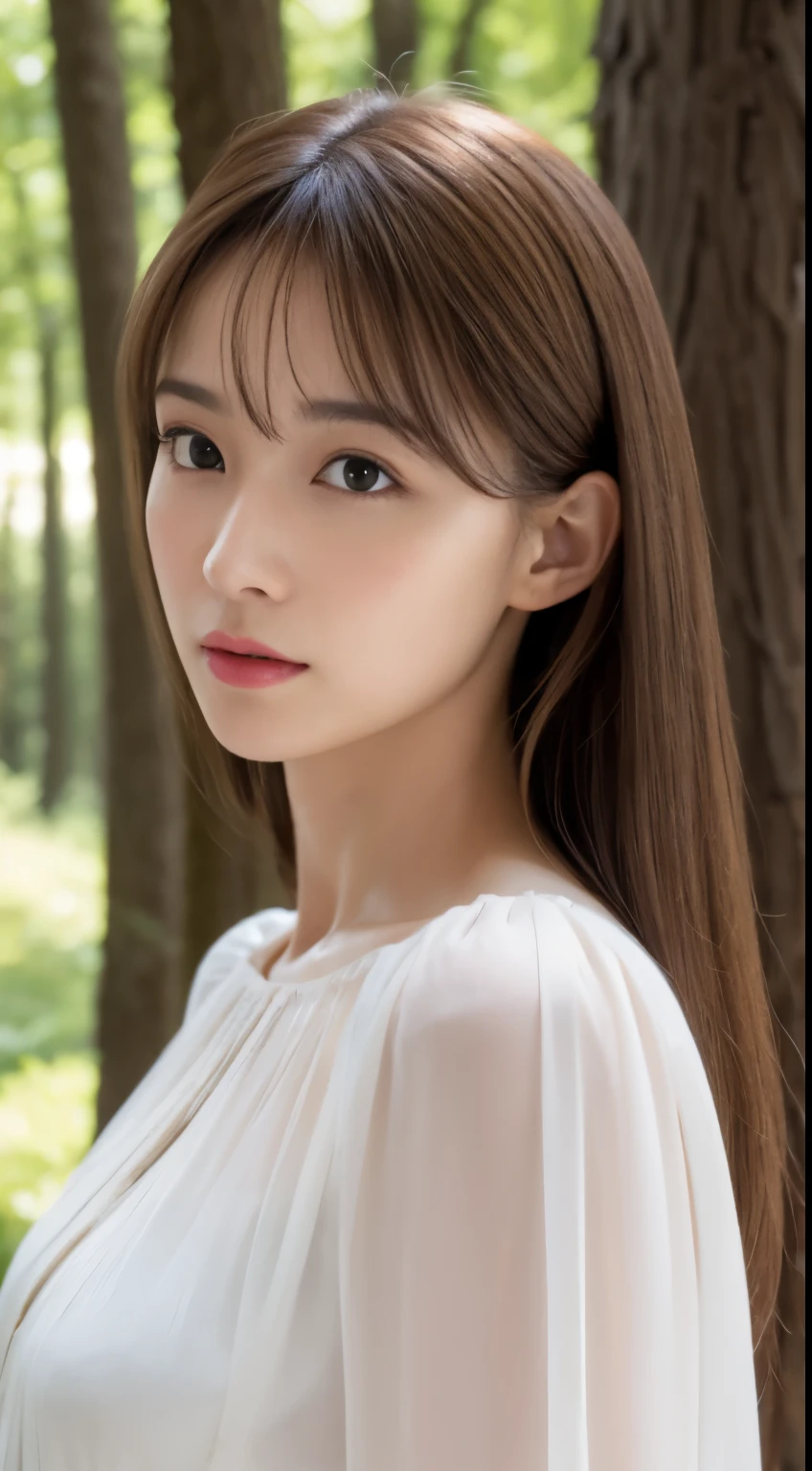 1 female, close up of face, Medium chest, light brown hair, dull bangs, hair behind the ear, shoulder hair, long hair, slender body shape, Extra-fine face, thin face, delicate lips, beautiful eyes, light blush, eyes are light brown, perfect shiny skin, perfect skin, Shining sweat,See here, ultra thin hands, super thin fingers, Optimal ratio of 4 fingers and 1 thumb, (realistic:1.3), Finger extension, see-through white blouse. coniferous forest, one person&#39;perspective, movie, f/1.2, 8K, table top, nffsw, Super detailed, high quality, 最high quality, High resolution,abs,6 pack,