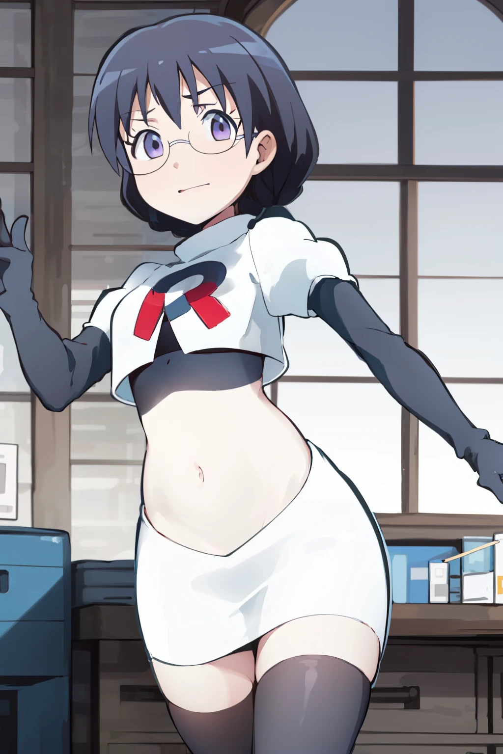 masterpiece, best quality, ultra high res, 1girl,ManamiOkudaR4,black hair, purple eyeackground,glasses, team rocket,team rocket uniform, red letter R, white skirt,white crop top,black thigh-highs,black elbow gloves