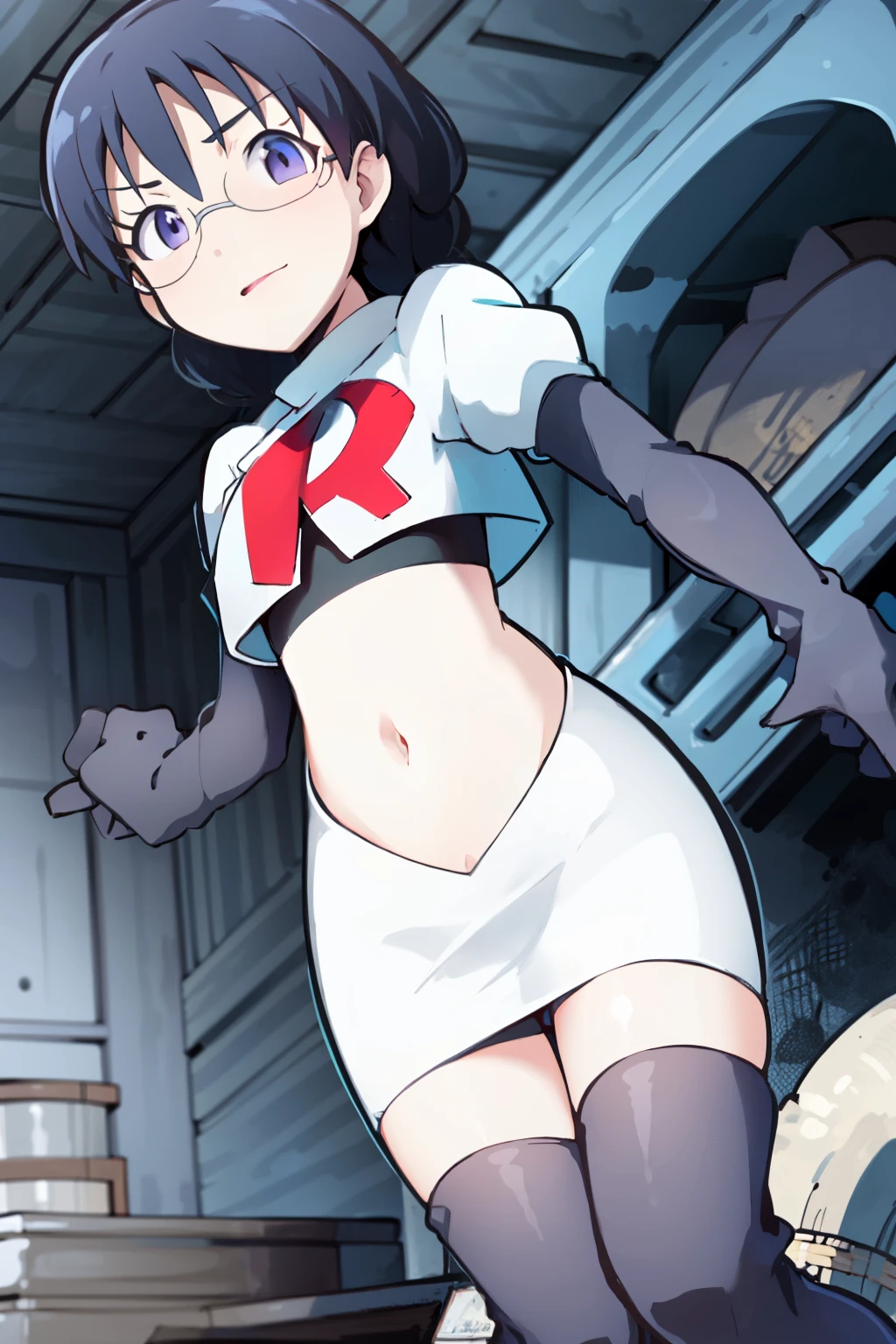 masterpiece, best quality, ultra high res, 1girl,ManamiOkudaR4,black hair, purple eyeackground,glasses, team rocket,team rocket uniform, red letter R, white skirt,white crop top,black thigh-highs,black elbow gloves