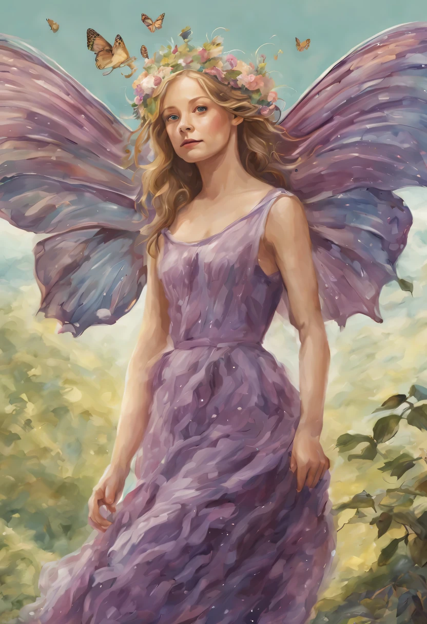 Graceful and fluttering nymph, "Jodie Foster com vestido Roxo claro longo",  numa Florestas ricas em natureza　Paisagens naturais　kawaii　ilutst　projeto　Estilo de livro ilustrado