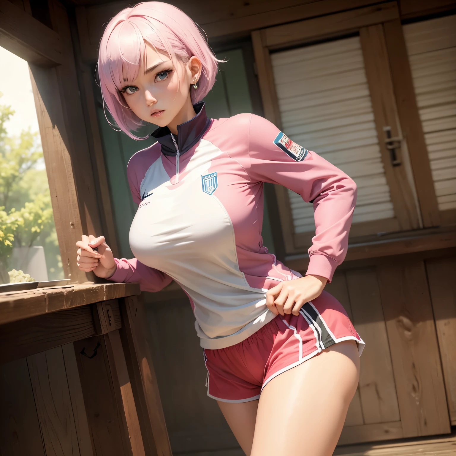 8k, masterpiece, best quality, realistic, higly detailed, cowboy shot, 1girl, solo, Ichika Nakano, very short hair that has a single long strand on the right side, white-pink hair, a single earring, dark blue eyes, average height, well-endowed figure, large breasts, cute, Soccer Uniform