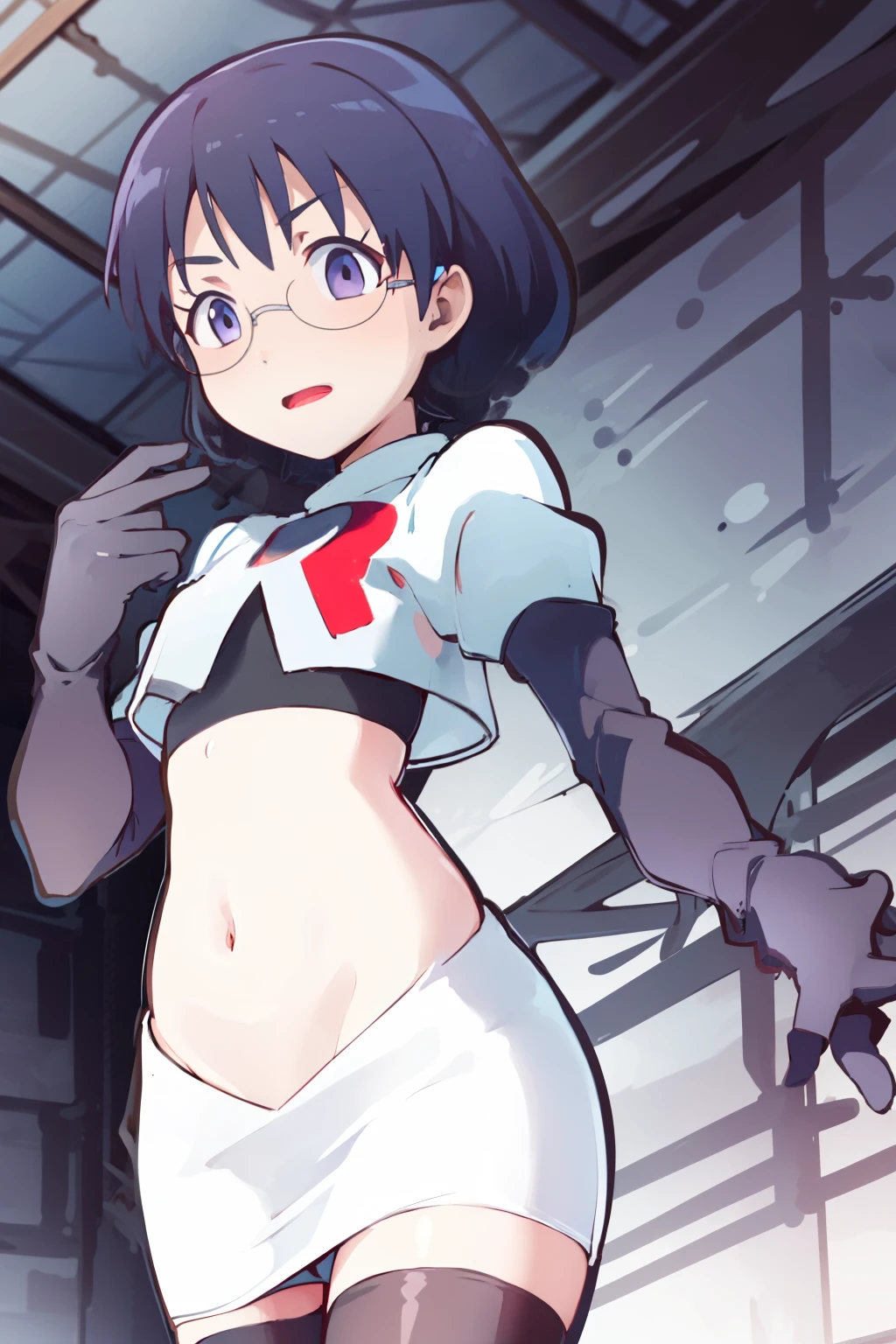 masterpiece, best quality, ultra high res, 1girl,ManamiOkudaR4,black hair, purple eyeackground,glasses, team rocket,team rocket uniform, red letter R, white skirt,white crop top,black thigh-highs,black elbow gloves