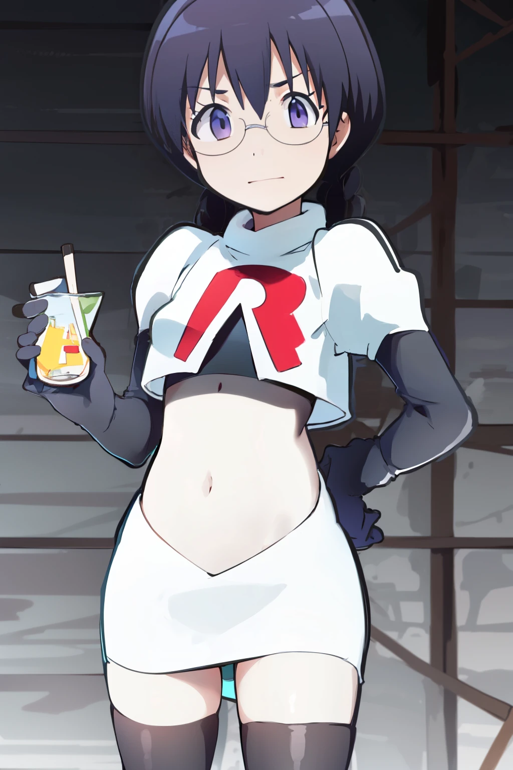 masterpiece, best quality, ultra high res, 1girl,ManamiOkudaR4,black hair, purple eyeackground,glasses, team rocket,team rocket uniform, red letter R, white skirt,white crop top,black thigh-highs,black elbow gloves