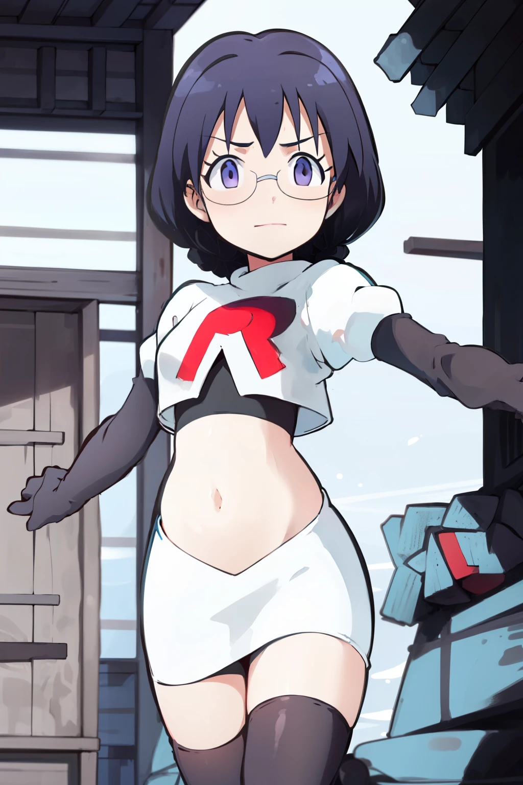 masterpiece, best quality, ultra high res, 1girl,ManamiOkudaR4,black hair, purple eyeackground,glasses, team rocket,team rocket uniform, red letter R, white skirt,white crop top,black thigh-highs,black elbow gloves