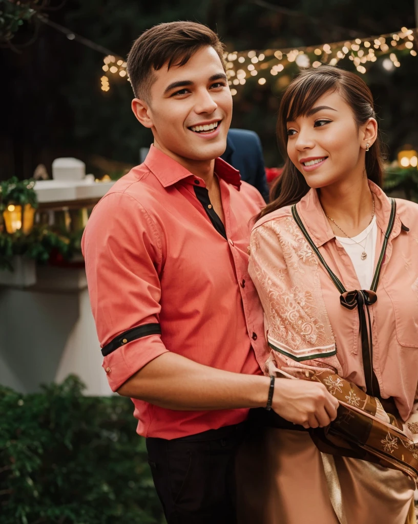 A couple hugging on the balcony during Christmas, they are in Christmas clothes 