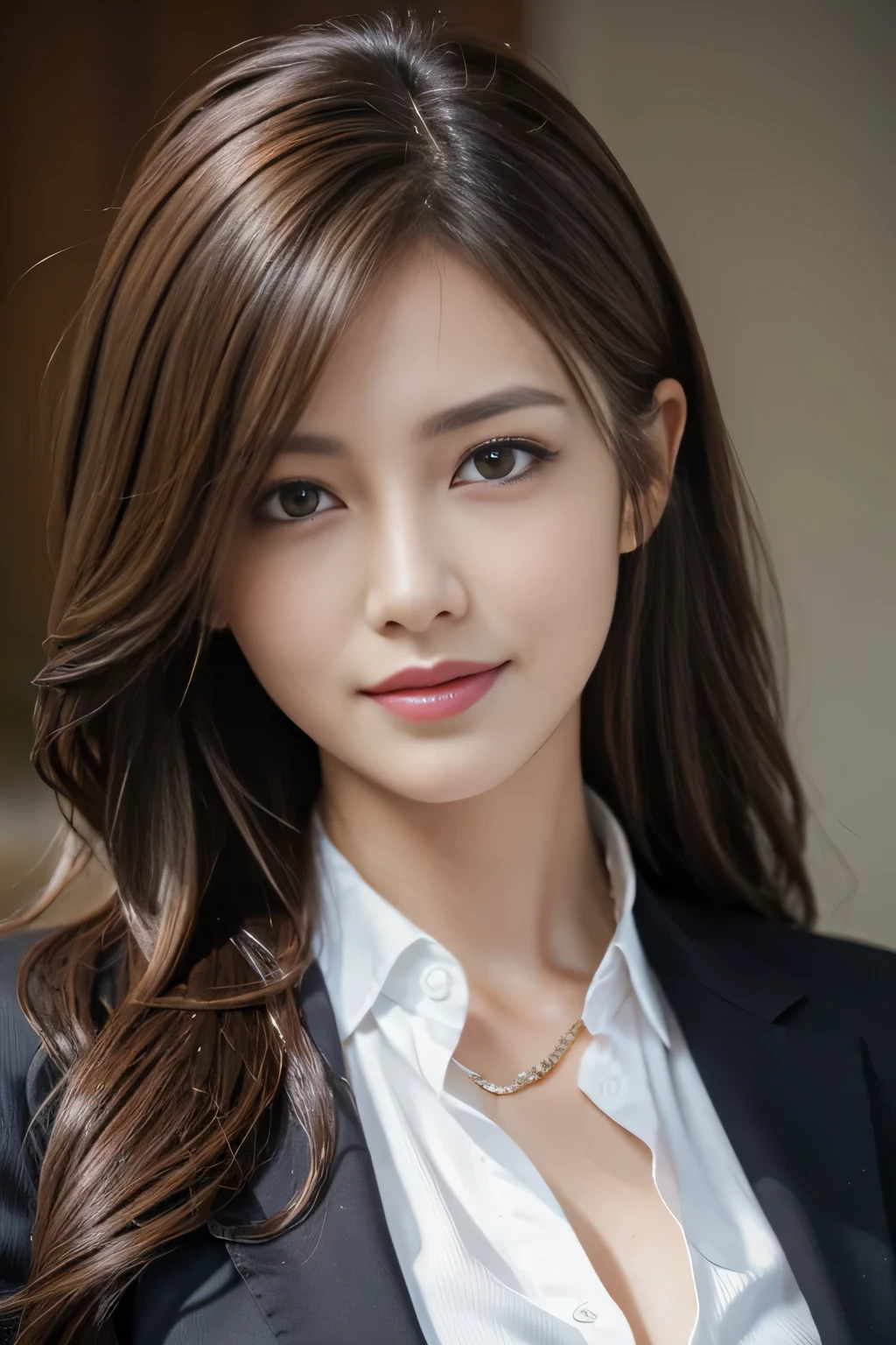 table top, highest quality, realistic, Super detailed, finely, High resolution, 8k wallpaper, 1 beautiful woman,, light brown messy hair, wearing a business suit, sharp focus, perfect dynamic composition, beautiful and detailed eyes, thin hair, Detailed realistic skin texture, smile, close-up portrait, model body shape