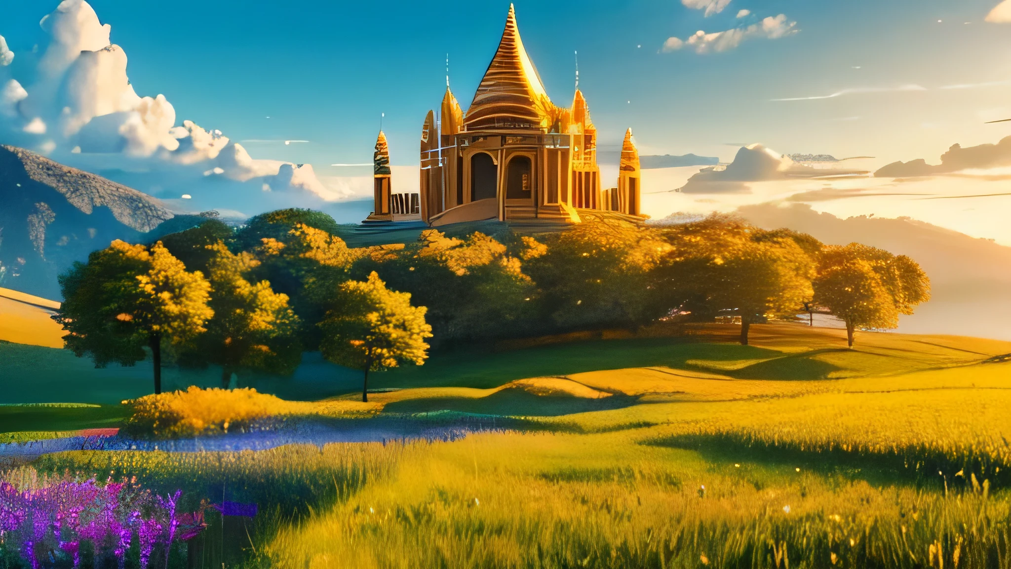 "Generate an image of the mythical Elysian Fields, a heavenly meadow with crystal-clear streams, golden foliage, and majestic temples dedicated to eternal peace and tranquility." hyperrealistic