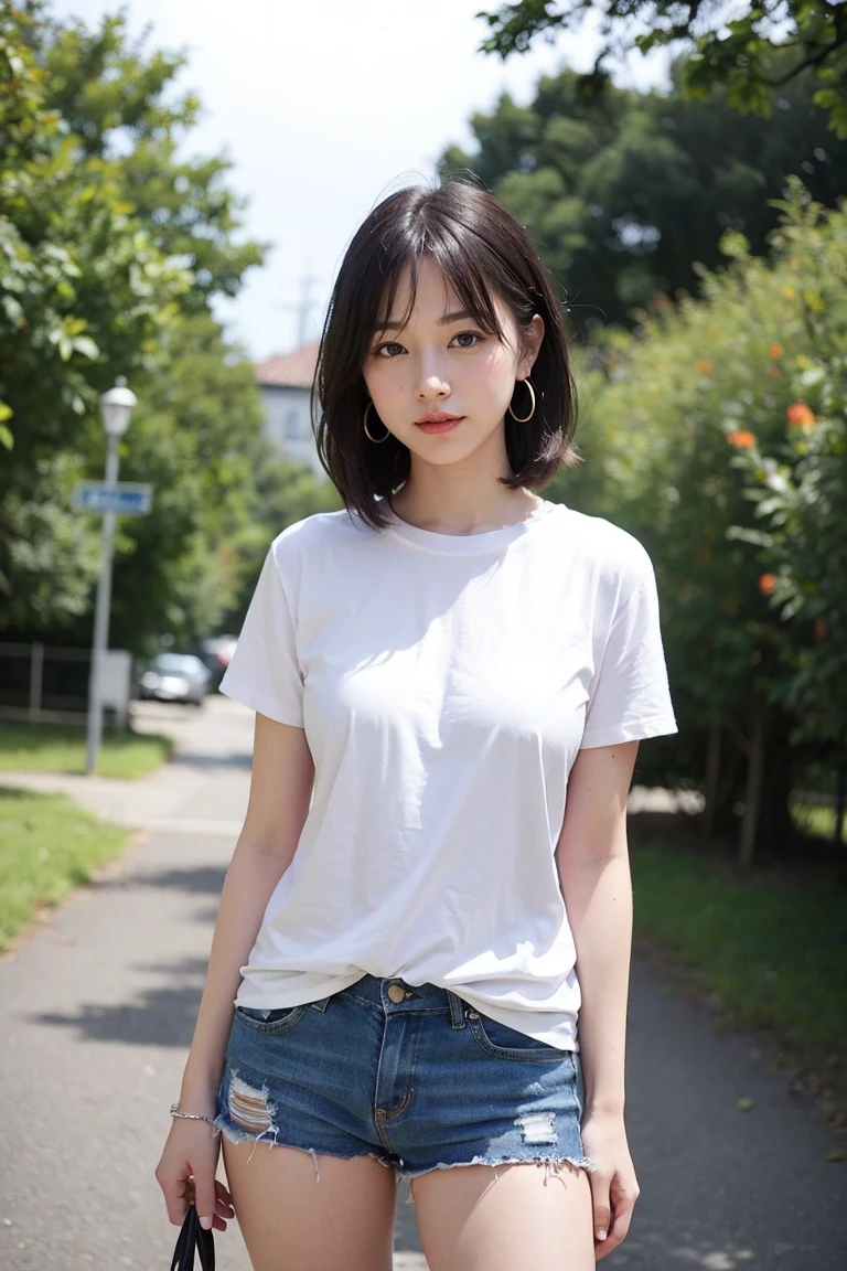 (8K, RAW photo, highest quality, masterpiece:1.2), ultra detail, super resolution, (realistic, realistic Photo:1.37), portrait, High-definition RAW color photos, professional photos, 非常に詳細で美New, very detailed, 8K wallpaper, amazingly detailed, huge file size, official art, highly detailed CG unity 8K wallpaper, very detailed美少女, very detailed顔, very detailed目, very detailed肌, very detailed指, very detailed鼻, very detailed詳細な口 , perfect anatomy, very detailed背景, Costumes with great attention to detail, 1 girl, (18:1.2), 20th generation, cute girl, realistic body, small, Fair skin, glowing skin , Because I'm slender, handsome body, black hair , Rolled up hair, (dull bangs:1.2), smile, cute, like々New, cute face, realistic face, delicate eyes, droopy eyes, white t-shirt, short skirt, earrings, looking at the viewer, cowboy shot, facing the front, Standing position, Opposition, dynamic lighting, very big breasts,