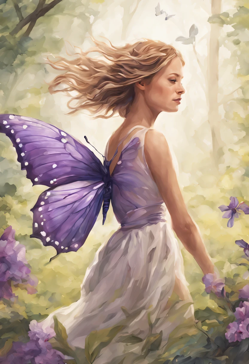 Graceful and fluttering nymph, "Jodie Foster com vestido Roxo claro longo", numa Florestas ricas em natureza Paisagens naturais kawaii ilutst projeto Estilo de livro ilustrado