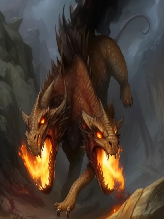 a close up of a fire breathing creature in a rocky area, balrog concept art, balrog, hellhounds, demon-fang gnoll, flame conjuring armored, fire golem creature, fire dragon, fire demon, gnoll, dragon breathing fire, draconic, fenrir, great corrupter, ''dragon breathing fire, magic : the gathering art