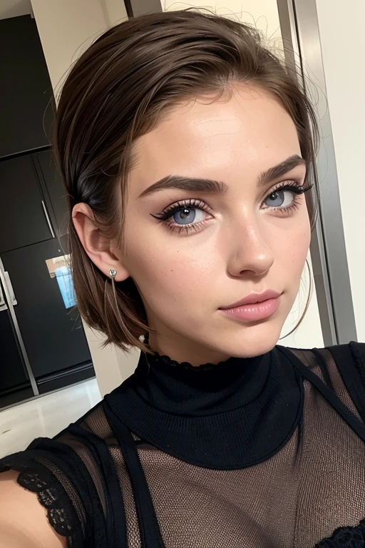 pouce levé, Belle fille, Marron_eyeeautiful mince adolescente de 18 ans, cheveux color [Brown highlights cheveux], [Pixie undercut] cheveux)), boucles d’oreilles, lèvres, Réaliste, taille étroite, charmant, pink lèvrestick, maquillage coloré, Cils longs, boucles d’oreilles, porter de l’eye-liner, peau claire, (mignon), (face détaillée), Yeux détaillés, Iris détaillé, bel endroit à Paris avec une vue magnifique