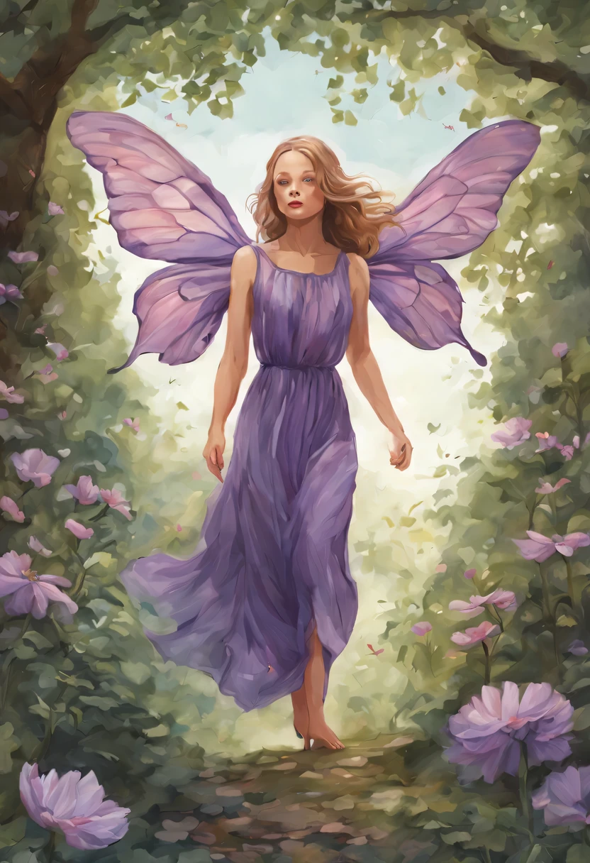 Graceful and fluttering nymph, "Jodie Foster com vestido Roxo claro longo", numa Florestas ricas em natureza Paisagens naturais kawaii ilutst projeto Estilo de livro ilustrado