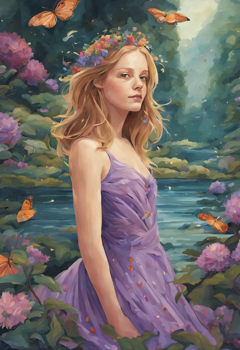 Graceful and fluttering nymph, "Jodie Foster com vestido Roxo claro longo",  numa Florestas ricas em natureza　Paisagens naturais　kawaii　ilutst　projeto　Estilo de livro ilustrado
