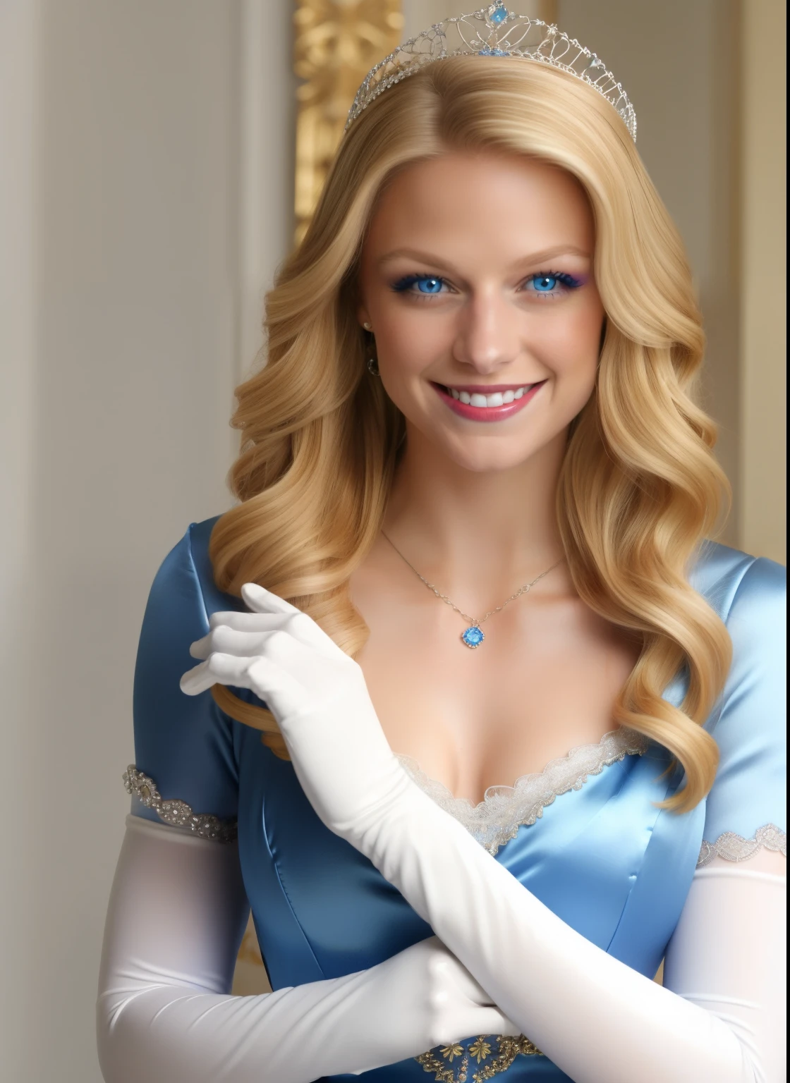  1girl, solo,melissa benoist, a woman with long blonde hair, smile, blonde hair, gloves, blue satin dress, jewelry, white satin gloves, long white satin elbow gloves, necklace, blue eyes, makeup, tiara, eyeshadow, sexy poses