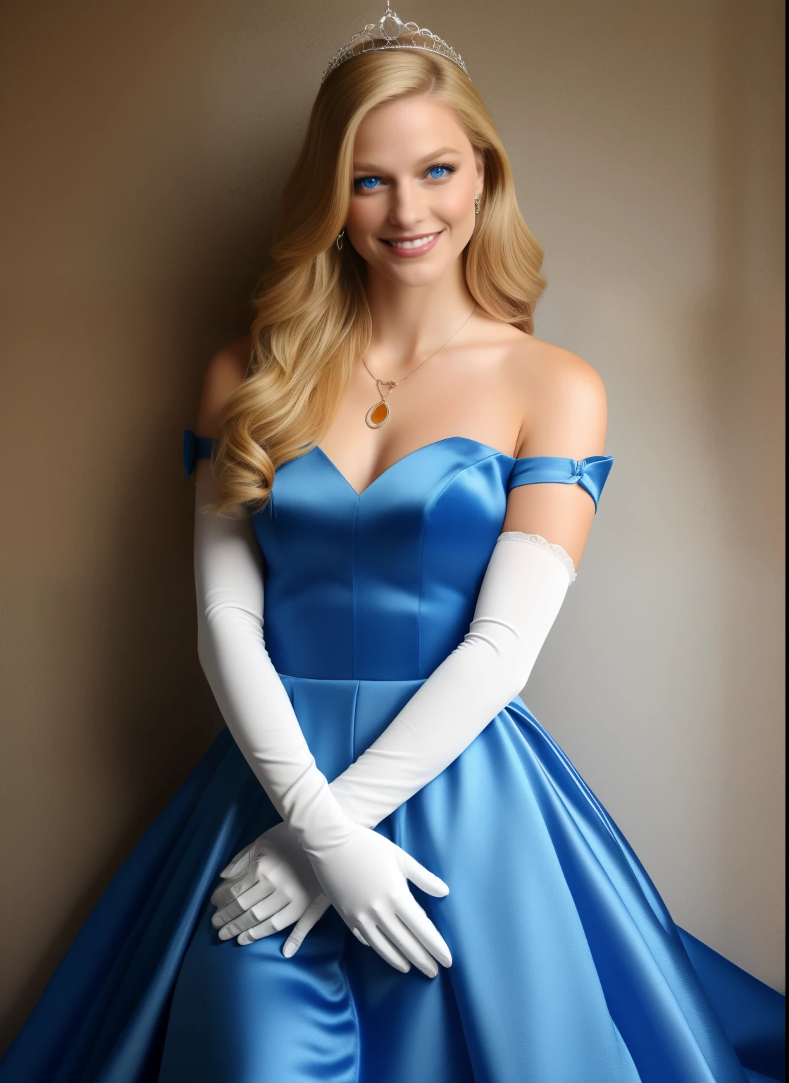  1girl, solo,melissa benoist, a woman with long blonde hair, smile, blonde hair, gloves, blue satin dress, jewelry, white satin gloves, long white satin elbow gloves, necklace, blue eyes, makeup, tiara, eyeshadow, sexy poses