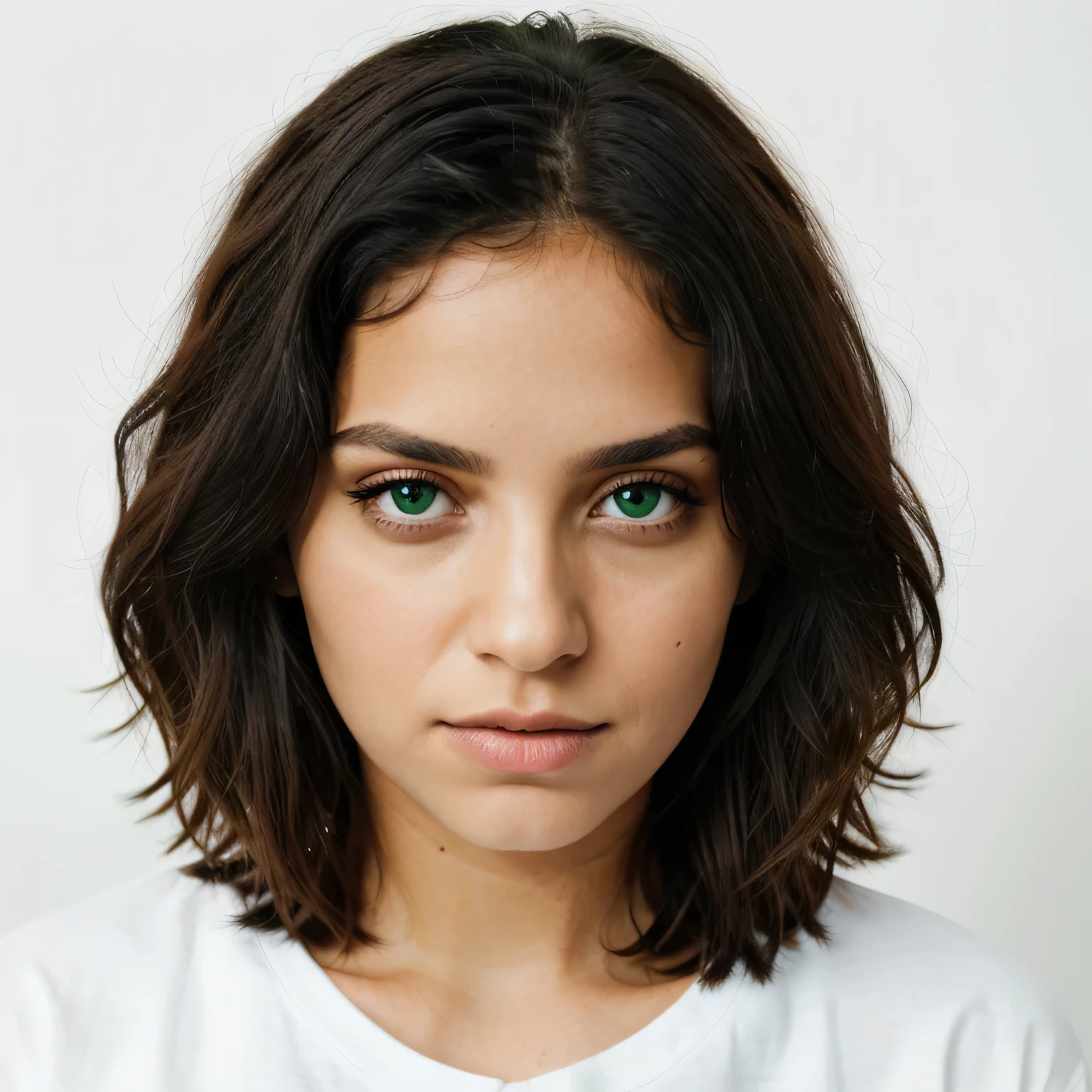 front view, looking at camera, RAW photo, ((black shirt: 1.2)), ((portrait), beautiful 30 year old black woman, green eyes, perfecteyes, ((white background: 1.2)), studio lighting, high quality, film grain, Fujifilm XT3, centered