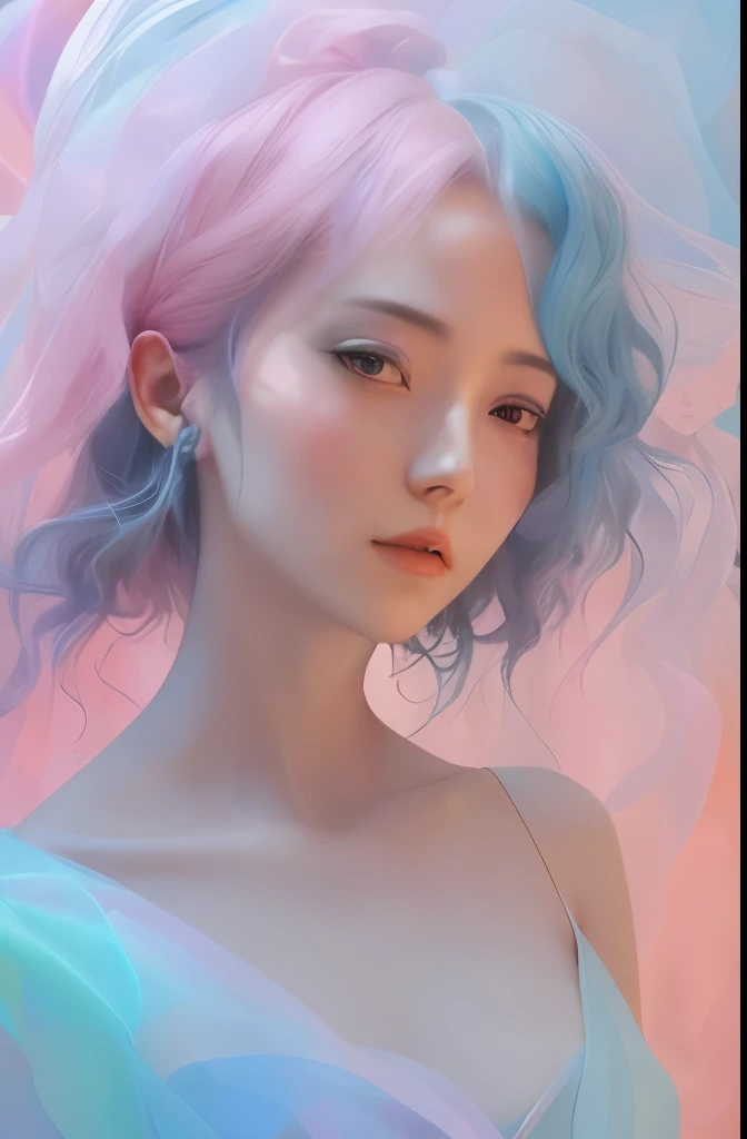arafed woman with blue hair and pink dress in a colorful photo, ethereal beauty, inspired by Yanjun Cheng, dreamy colors, ethereal and dreamy, colorful flat surreal ethereal, dreamy and ethereal, surreal colors, by Russell Dongjun Lu, dreamy art, colorful dream, inspired by Russell Dongjun Lu, blurred and dreamy illustration, iridescent # imaginativerealism