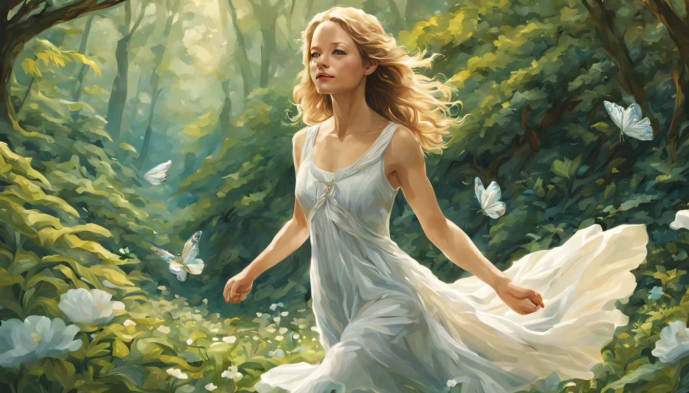 Graceful and fluttering nymph, "Jodie Foster com vestido Branco longo", numa Florestas ricas em natureza　Paisagens naturais　kawaii　ilutst　projeto　Estilo de livro ilustrado
