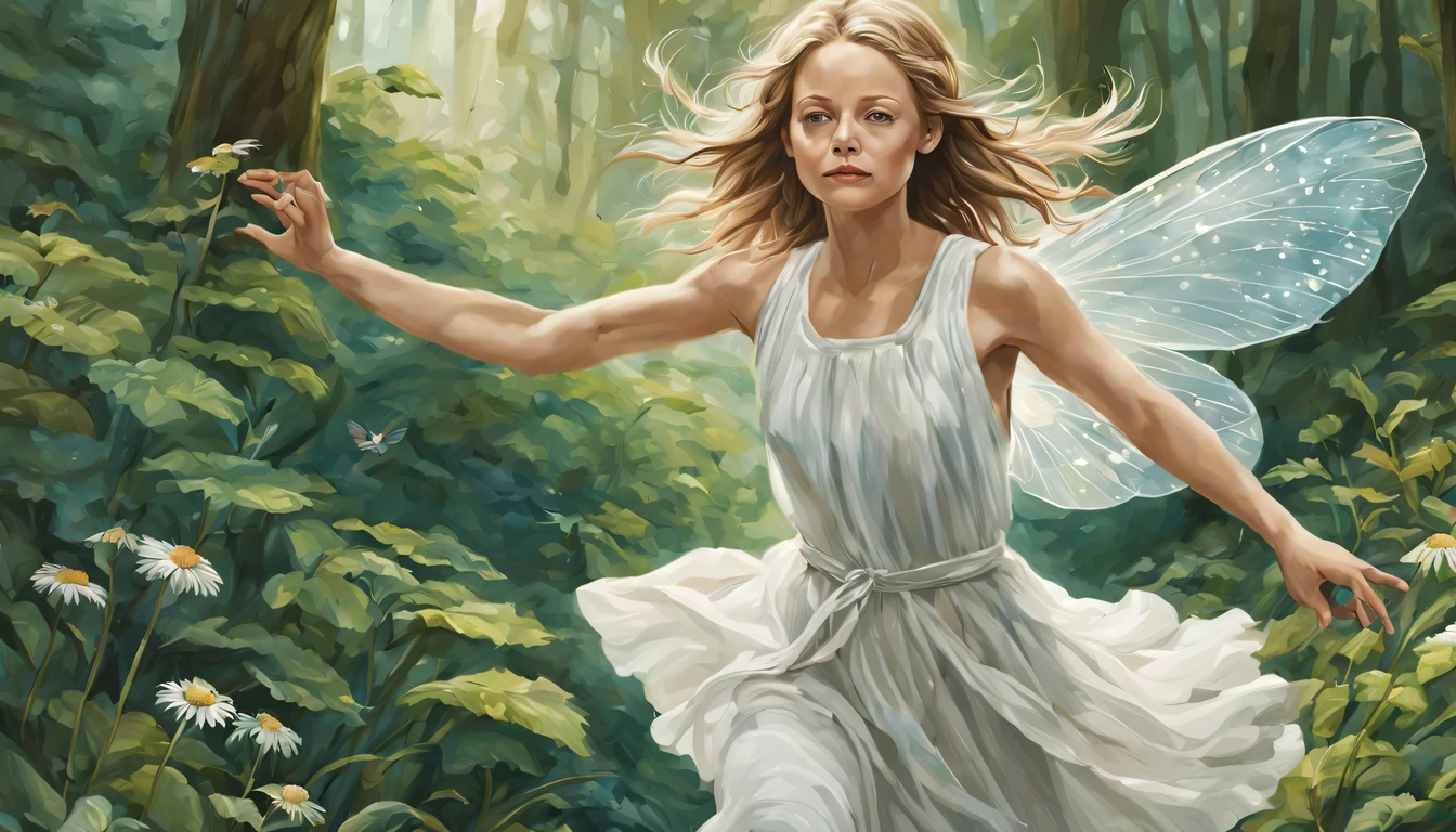Graceful and fluttering nymph, "Jodie Foster com vestido Branco longo", numa Florestas ricas em natureza Paisagens naturais kawaii ilutst projeto Estilo de livro ilustrado