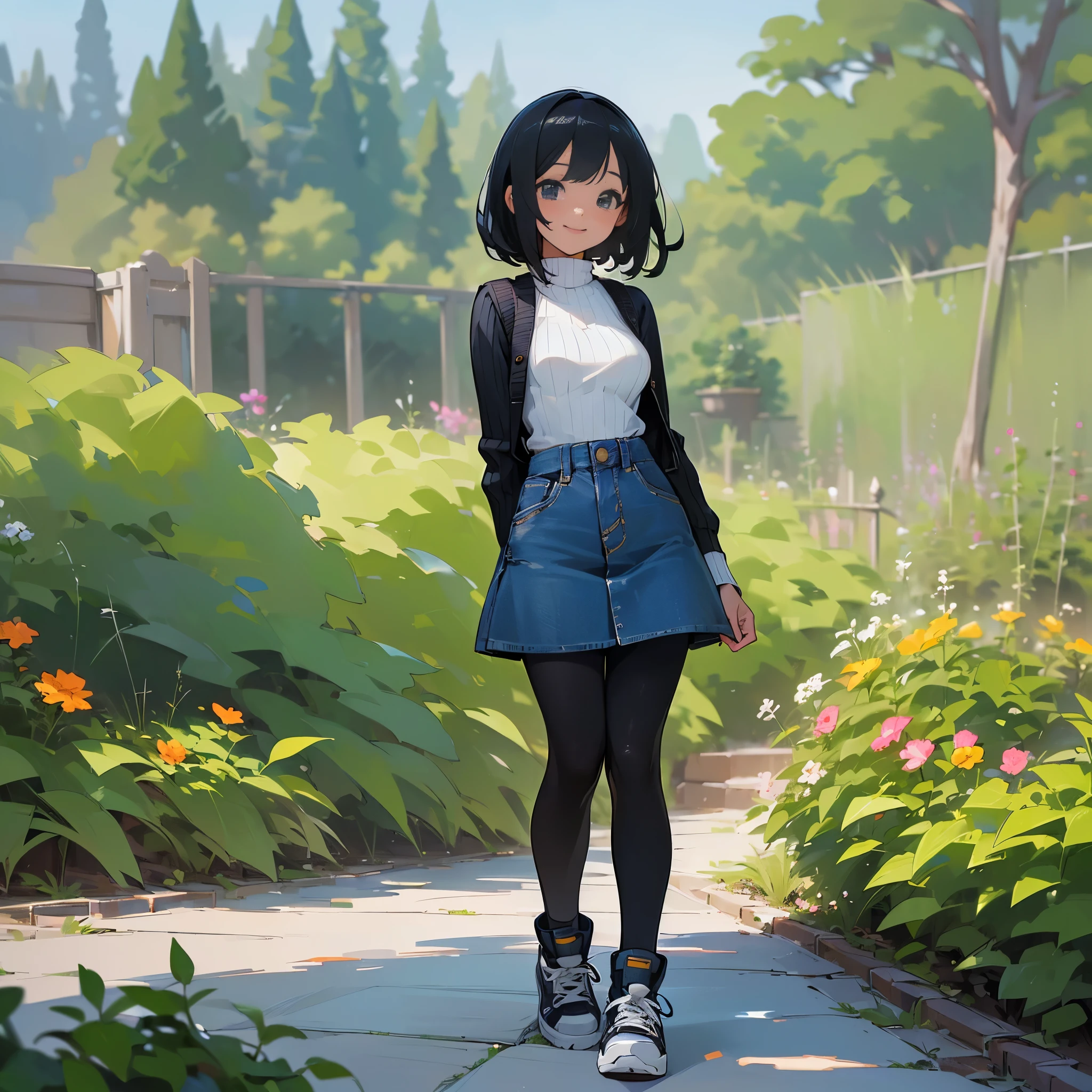 (high quality, high resolution, Super detailed, Reality:1.37), peaceful atmosphere, (outdoor, garden), age girl standing alone, (My breasts are big.), Beautiful detailed features, cute smile, (black bob hair), ribbed sweater, denim mini skirt, Black tights, sneakers.