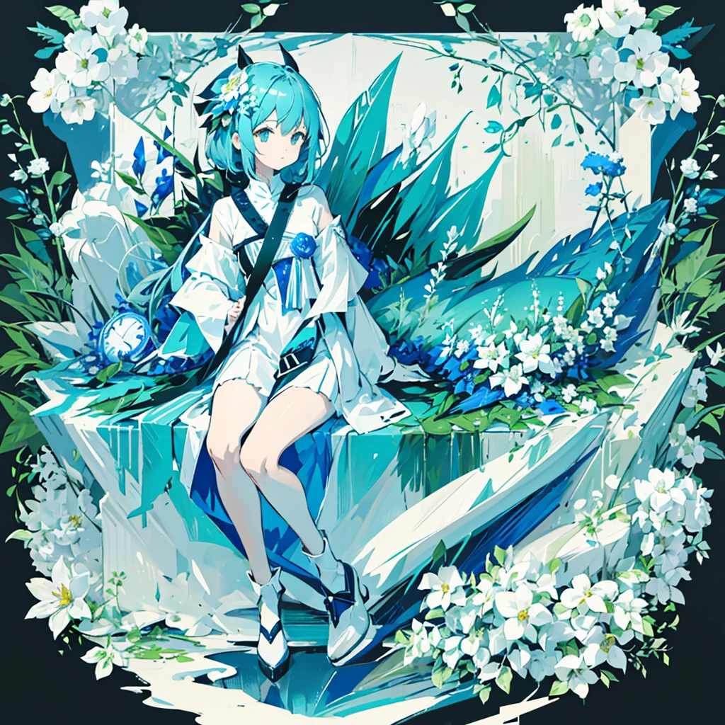 (blue moon, white flower field, green road, geometric pattern), (low contrast, flat color, limited palette)