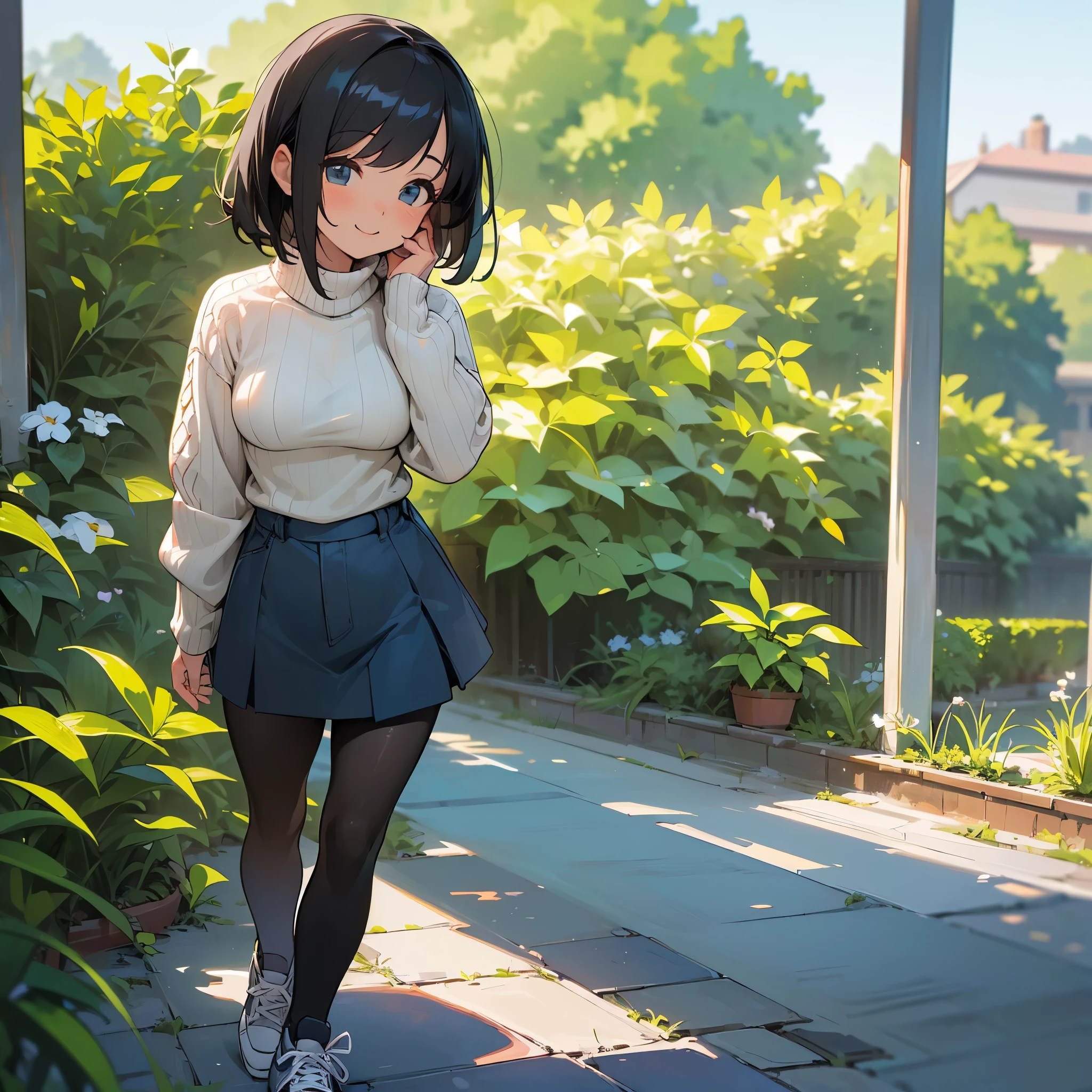 (high quality, high resolution, Super detailed, Reality:1.37), peaceful atmosphere, (outdoor, garden), Teenage girl standing alone, (My breasts are big.), Beautiful detailed features, cute smile, (black bob hair), ribbed sweater, denim mini skirt, Black tights, sneakers.