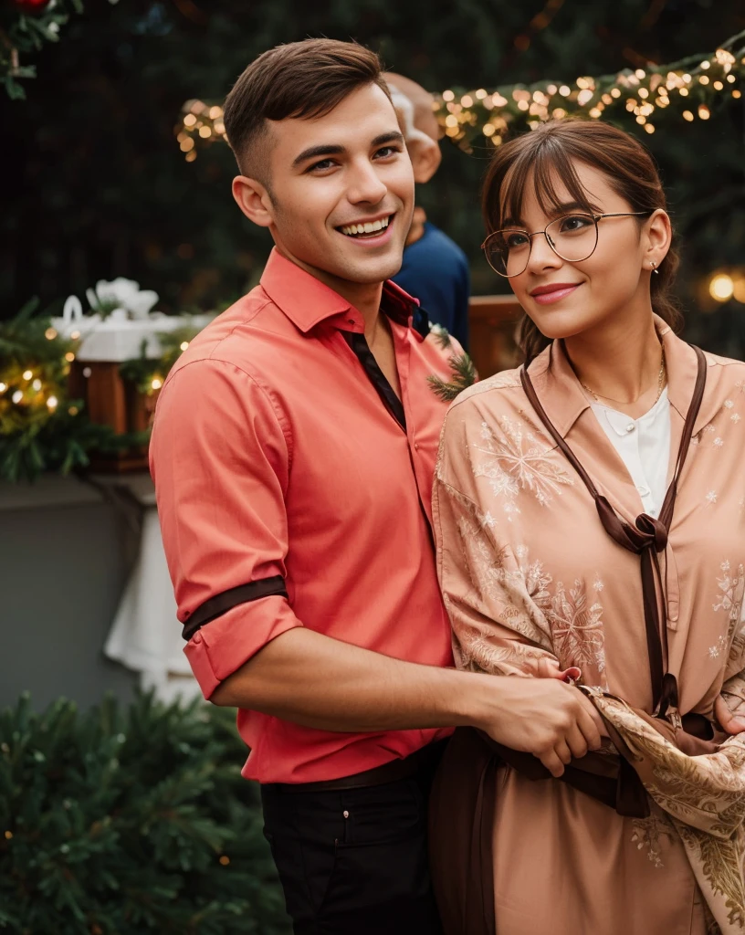 A couple hugging on the balcony during Christmas, they are in Christmas clothes