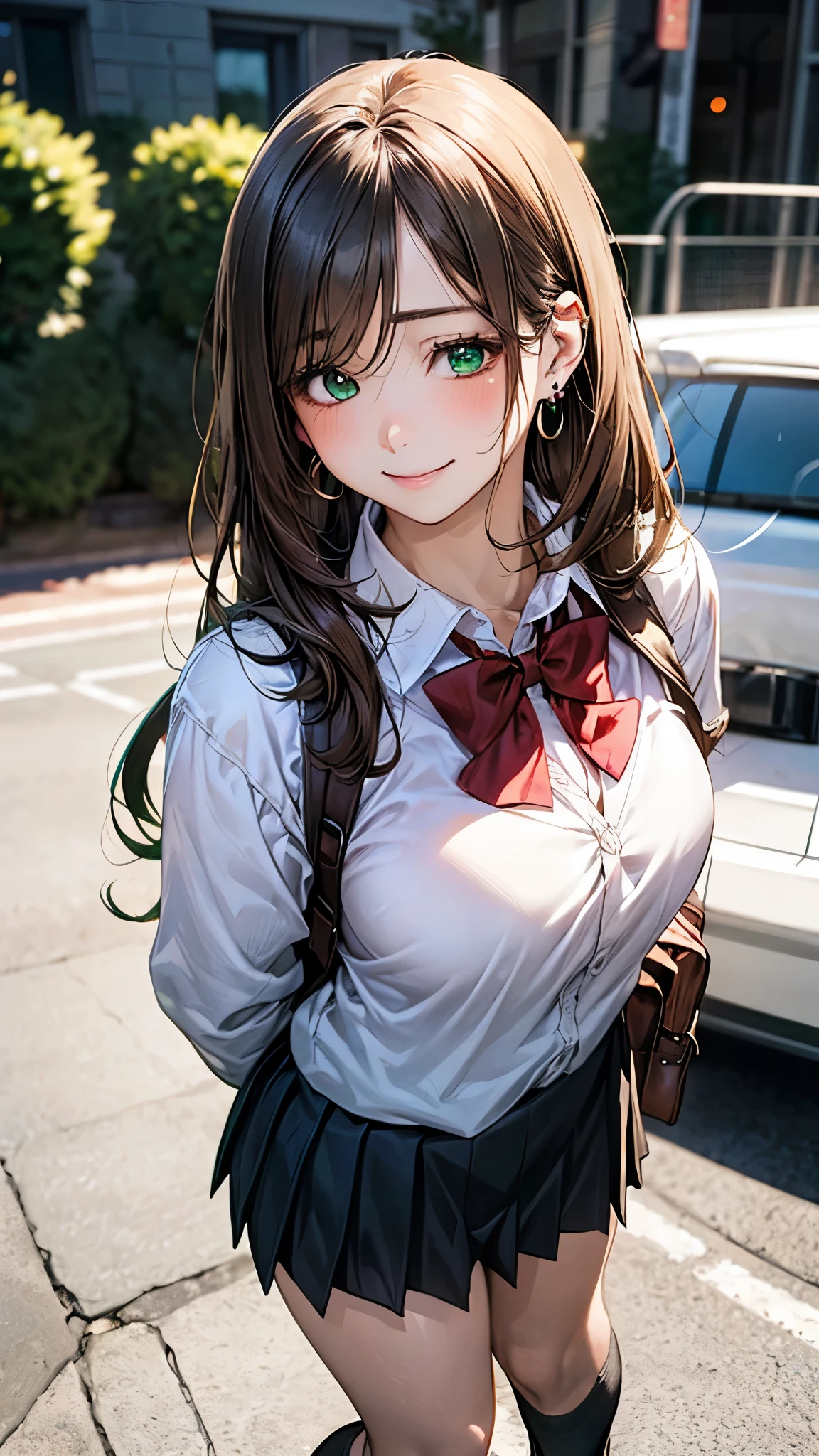 (masterpiece:1.2, top-quality), (realistic, photorealistic:1.4), beautiful illustration, (natural side lighting, movie lighting),
looking at viewer, cowboy shot, front view:0.6, 1 girl, japanese, high school girl, perfect face, cute and symmetrical face, shiny skin,
(long hair:1.8, straight hair:1.7, light brown hair), parted bangs, emerald green eyes, long eye lasher, (large breasts:0.9, thick thighs),
beautiful hair, beautiful face, beautiful detailed eyes, beautiful clavicle, beautiful body, beautiful chest, beautiful thigh, beautiful legs, beautiful fingers,
((, white collared shirts, black pleated mini skirt, black socks, brown loafers, red bow tie)), break, hoop ring earrings, pink panties, dark blue school bag, violet cardigan, break,
(beautiful scenery), evening, riverside, walking, hands on chest, (lovely smile, upper eyes),