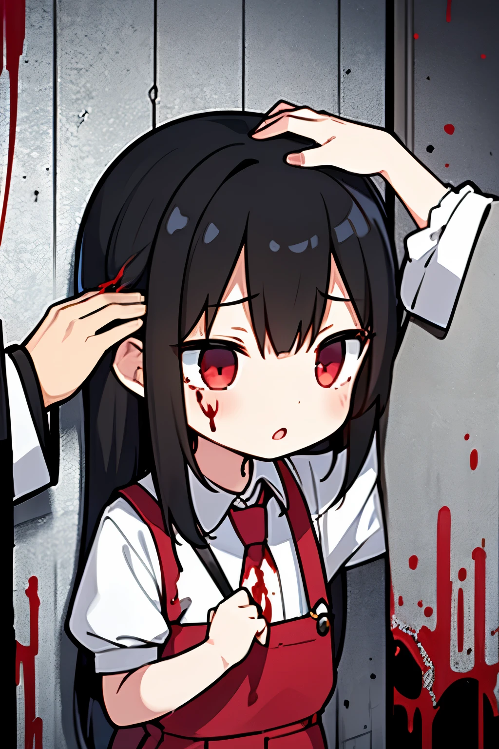 full body, black hair, shoulder length hair, black eyes, small breasts, detailed background, highres, highly detailed face, Detailed eyes, good proportions, pained expression, pained grimace, crying, visible tears, open mouth, bruises, death row inmate, guillotine, bloodstains, blood, iron chains, chained body, handcuffs, messy hair, fallen down, torn outfit, public shaming, humiliation