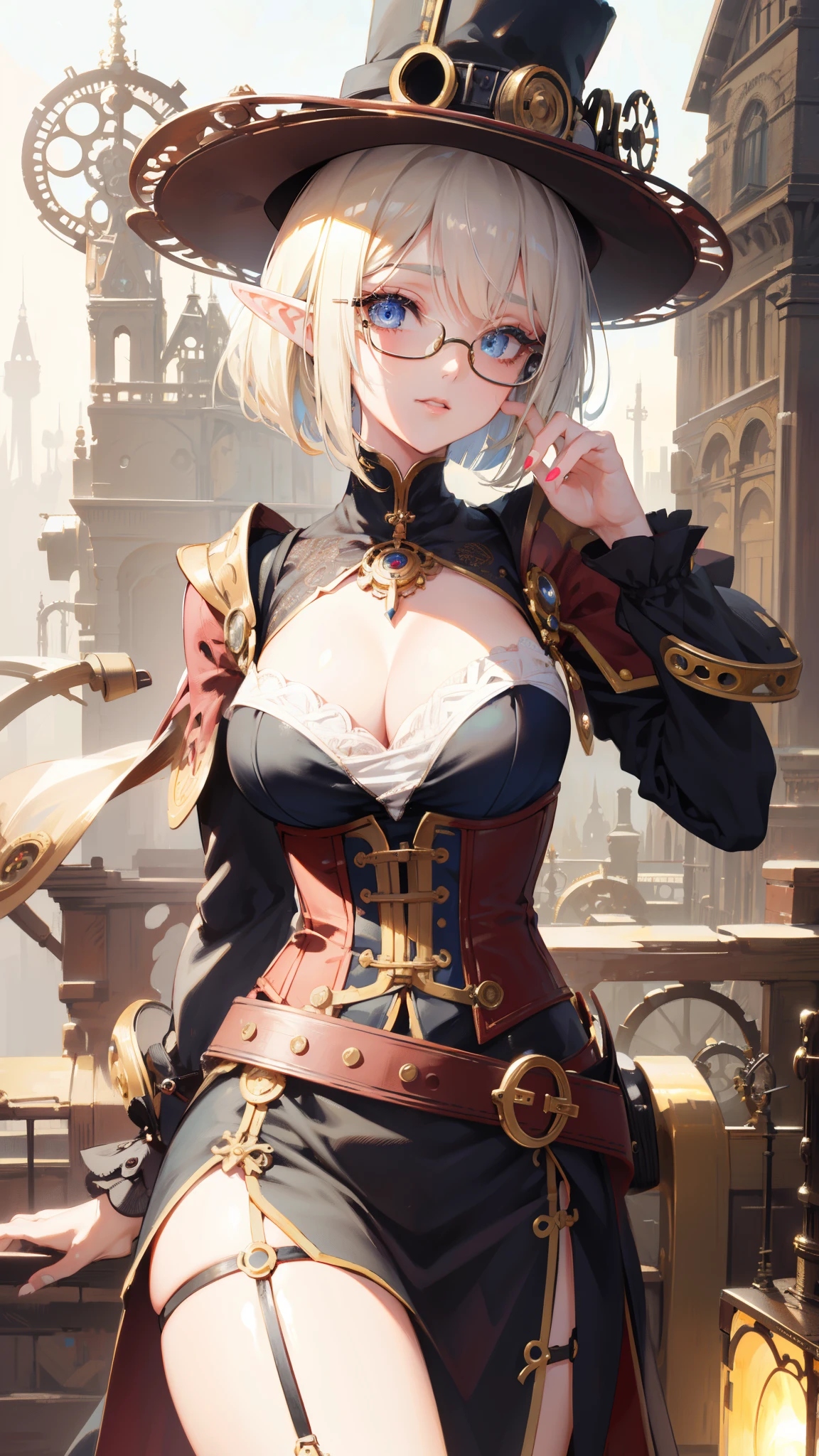 ((masterpiece )), (top quality), (best quality), ((ultra-detailed, 8k quality)), Aesthetics, Cinematic lighting, (detailed line art), Beautiful digital artwork, Exquisite digital illustration, absurdres, 
BREAK,
beauty of elf girl, lady in the hat and round steel gear, glasses, victorian clothes, deep_, shiny skin,(steampunk_costume), corset, Hat, ((steampunk)), cinematography, crafted, elegant, Hippie Glasses Retro Round Metal, walking, Dynamic angle,
BREAK,
highly detailed of (elf), (1girl), perfect face, details eye, Bob cut hair, Blunt bangs, (hair between eye), blonde white hair, blue eyes, eyelashes, eyeshadow, pink eyeshadow,  smile, design art by Artgerm, by Kawacy, By Yoshitaka Amano,
BREAK, 
((perfect anatomy)), nice body, medium breast, ely detailed finger, best hands, perfect face, beautiful face, beautiful eyes, perfect eyes, perfect fingers, correct anatomy, 