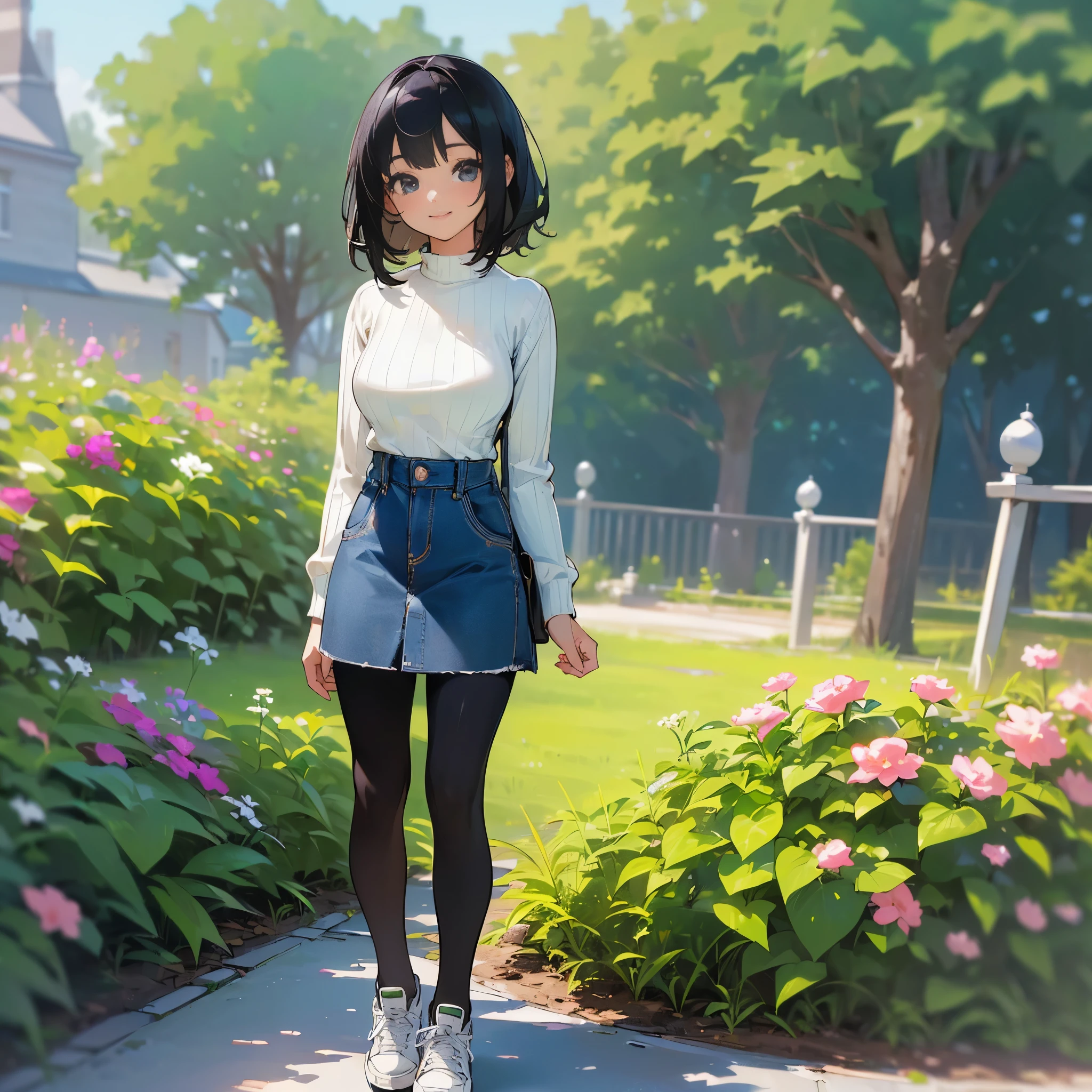 (high quality, high resolution, Super detailed, Reality:1.37), peaceful atmosphere, (outdoor, garden), Teenage girl standing alone, (My breasts are big.), Beautiful detailed features, cute smile, (black bob hair), ribbed sweater, denim mini skirt, Black tights, sneakers.