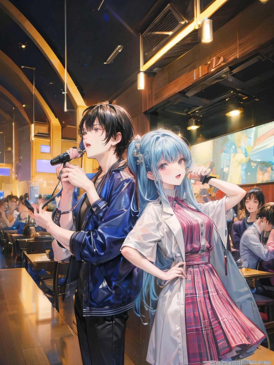 masterpiece, top quality, karaoke, family, casual clothes, men, 2 girls, 2 boys, microphone, big screen, frolic, excitement, fun, excitement, hanging, official art, unified 8k wallpaper, ultra detailed, aesthetic, high quality, beautiful, masterpiece top quality