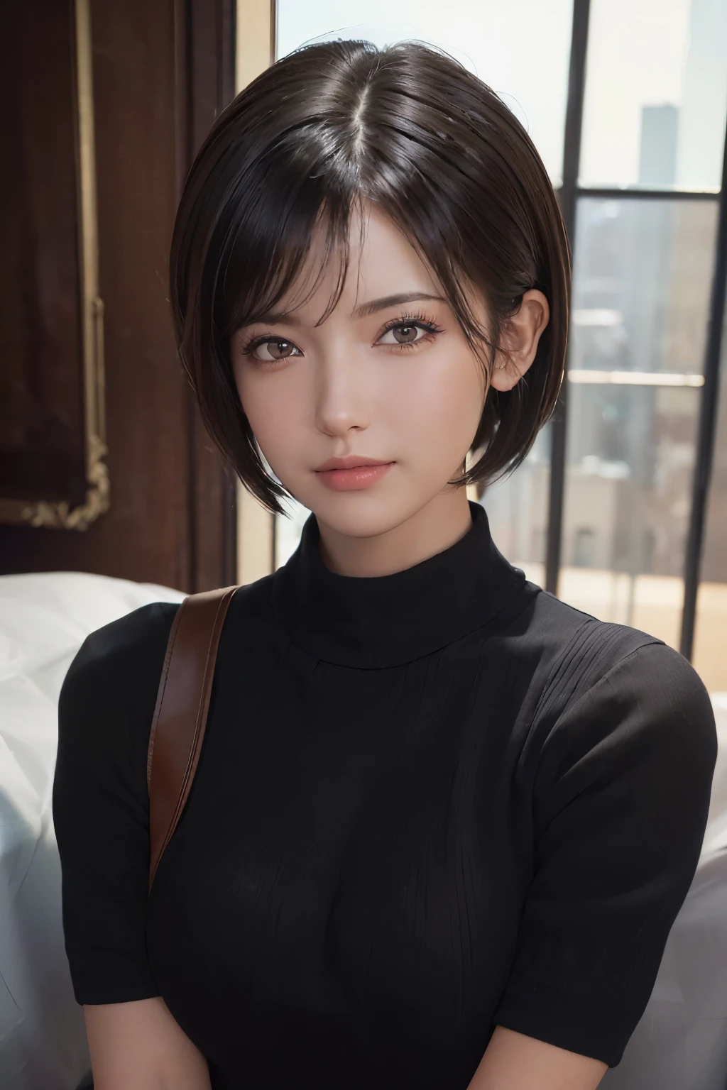 (Masterpiece: 1.3), (8k, Photorealistic, RAW Photo, Best Quality: 1.4), (1girl), Beautiful Face, (Realistic Face), (Black Hair, Short Hair: 1.3), Beautiful Hairstyle, Realistic Eyes, Beautiful Detail Eyes, (Realistic Skin), Beautiful Skin, (Sweater), Absurd, Attractive, Ultra High Definition, Ultra Realistic, High Definition, Golden Ratio, FF Tifa