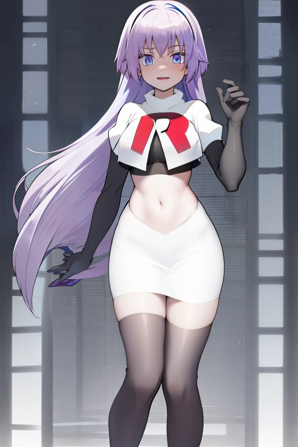 (best quality, 8k, 32k, masterpiece, UHD:1.2), 1girl, absurdres , RitsuR4, purple hair, blue eyes, blue eyes, very long hair,  team rocket,team rocket uniform, red letter R, white skirt,white crop top,black thigh-highs,black elbow gloves