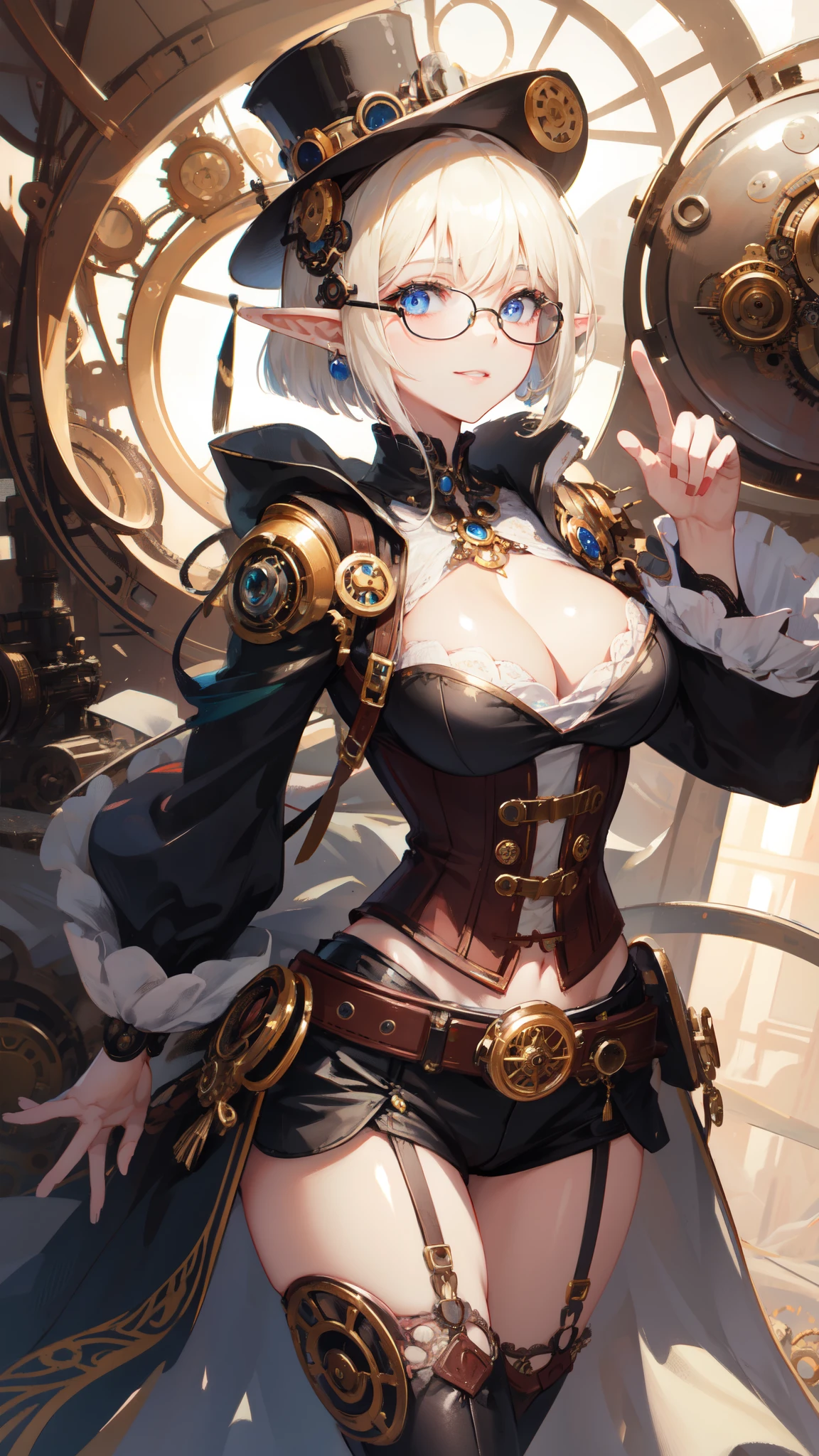 ((masterpiece )), (top quality), (best quality), ((ultra-detailed, 8k quality)), Aesthetics, Cinematic lighting, (detailed line art), Beautiful digital artwork, Exquisite digital illustration, absurdres, 
BREAK,
beauty of elf girl, lady in the hat and round steel gear, glasses, victorian clothes, deep_cleavage, shiny skin,(steampunk_costume), corset, Hat, ((steampunk)), cinematography, crafted, elegant, Hippie Glasses Retro Round Metal, walking, Dynamic angle,
BREAK,
highly detailed of (elf), (1girl), perfect face, details eye, Bob cut hair, Blunt bangs, (hair between eye), blonde white hair, blue eyes, eyelashes, eyeshadow, pink eyeshadow,  smile, design art by Artgerm, by Kawacy, By Yoshitaka Amano,
BREAK, 
((perfect anatomy)), nice body, medium breast, extremely detailed finger, best hands, perfect face, beautiful face, beautiful eyes, perfect eyes, perfect fingers, correct anatomy, 