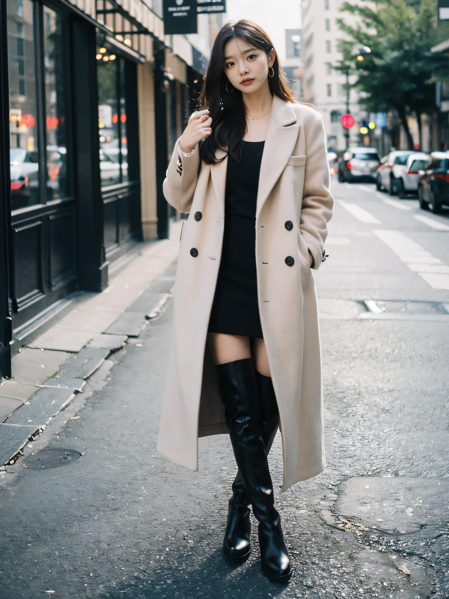 best quality,masterpiece,ultra high resolution,(actual:1.4),original photo,ultra high definition，8k，there  a girl，fashionable clothes,Chanel style，Stylish skinny suit, Long coat，high-class fashion，grace, high boots，over the knee boots，Casual gestures，Leg length