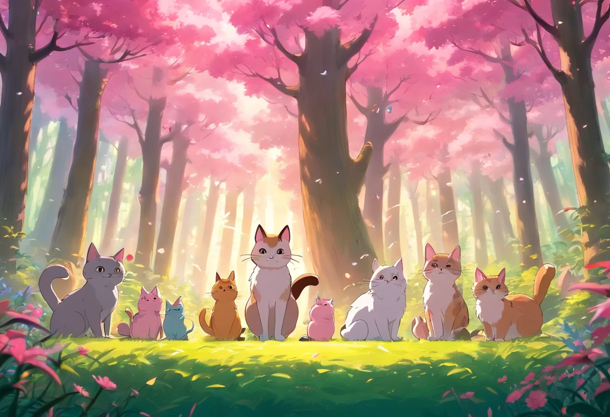 Banner, magical letters spelled Kiezell, cute pink forest on background with some cute cats