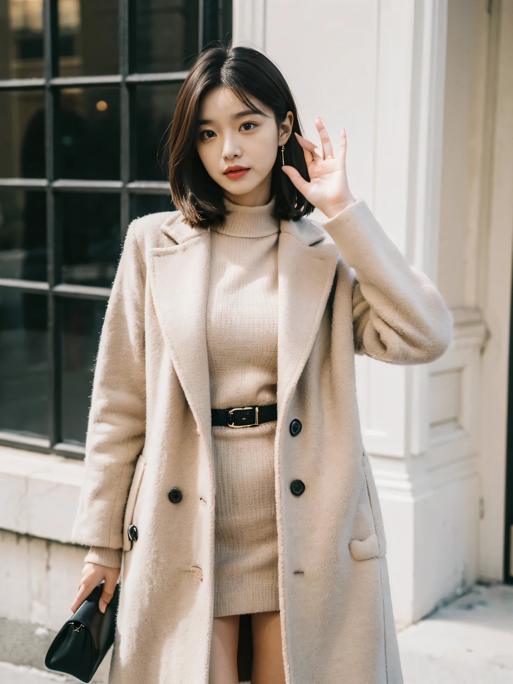 best quality,masterpiece,ultra high resolution,(actual:1.4),original photo,ultra high definition,8k,there a girl,fashionable clothes,Chanel style,Stylish skinny suit, Long coat,high-class fashion,grace, high boots,over the knee boots,Casual gestures,Leg length