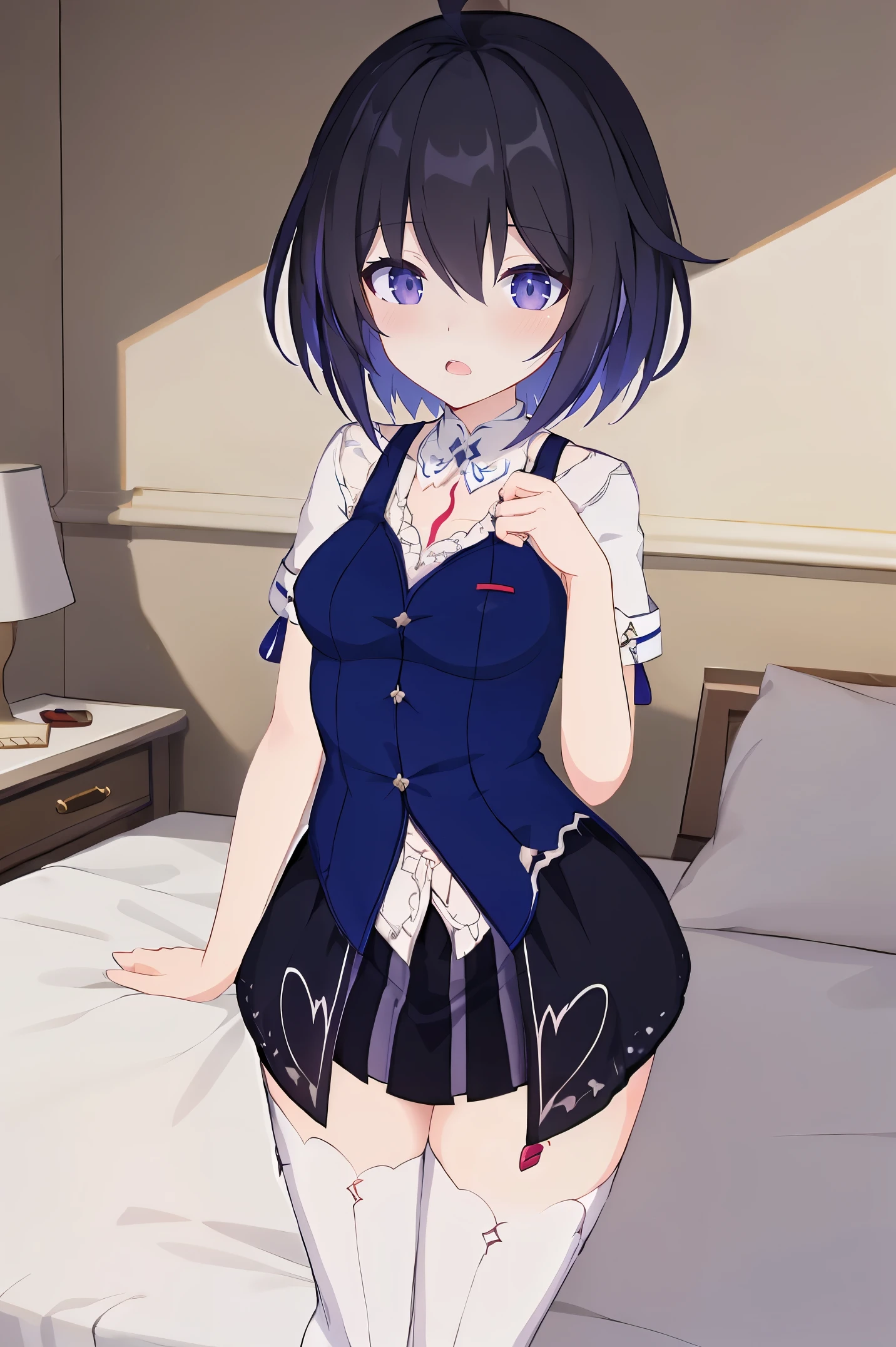 1 girl, best quality, ultra high res, ahoge, Seele Vollerei, looking at viewers, medium breast, standing, smile, small body, open mouth, azure memories, short sleeves, bedroom, white bed sheets, pov, chest  tattoo, Skirt, upper body,