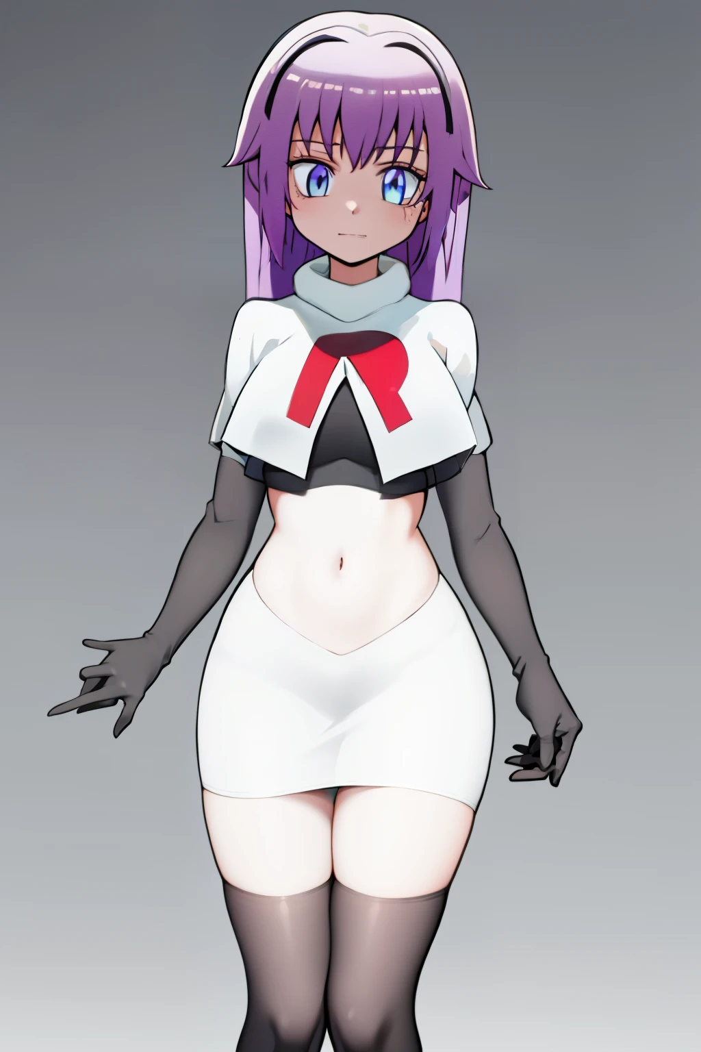 (best quality, 8k, 32k, masterpiece, UHD:1.2), 1girl, absurdres , RitsuR4, purple hair, blue eyes, blue eyes, very long hair, team rocket,team rocket uniform, red letter R, white skirt,white crop top,black thigh-highs,black elbow gloves