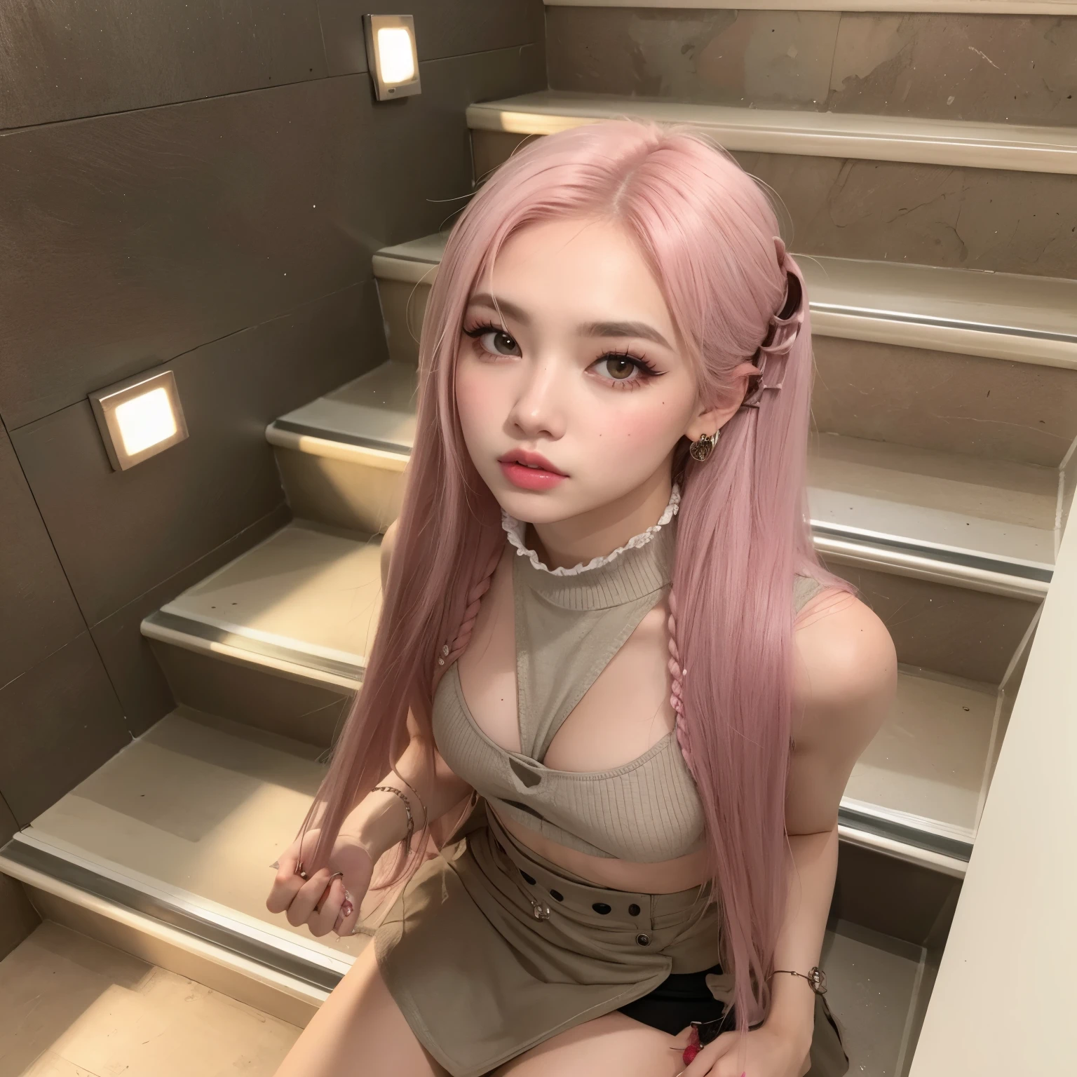 there  a woman con cabello rosado sitting on a set of stairs, pelo liso rosa, parque roseanne de blackpink, ulzzang, pelo largo y rosa, con cabello rosado, long cabello rosado que fluye, pelo largo color chicle, jossi de blackpink, cabello rosado que fluye, portrait of jossi de blackpink, ava max, jaeyeon nam, pelo muy largo rosa claro pastel