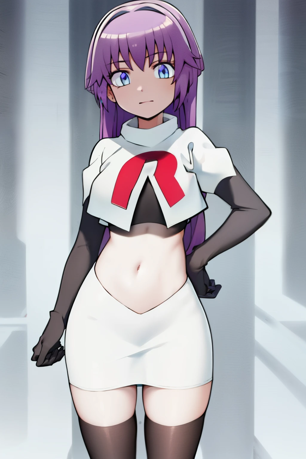 (best quality, 8k, 32k, masterpiece, UHD:1.2), 1girl, absurdres , RitsuR4, purple hair, blue eyes, blue eyes, very long hair,  team rocket,team rocket uniform, red letter R, white skirt,white crop top,black thigh-highs,black elbow gloves