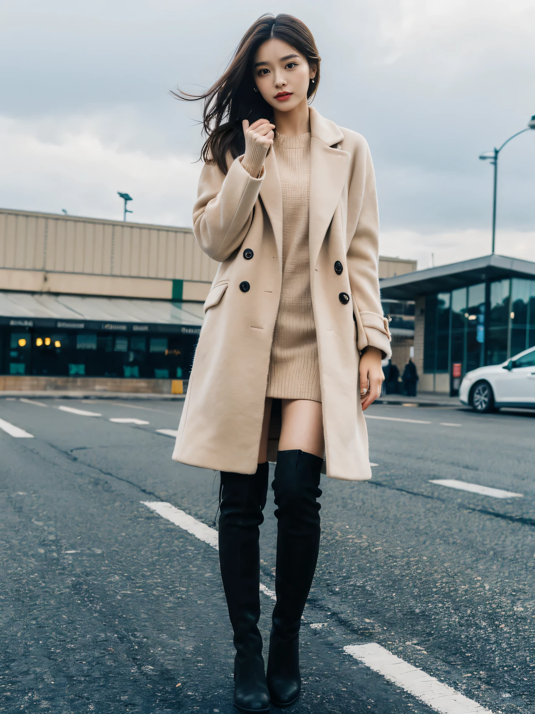 best quality,masterpiece,ultra high resolution,(actual:1.4),original photo,ultra high definition,8k,there a girl,fashionable clothes,Chanel style,Stylish skinny suit, Long coat,high-class fashion,grace, high boots,over the knee boots,Casual gestures,Leg length