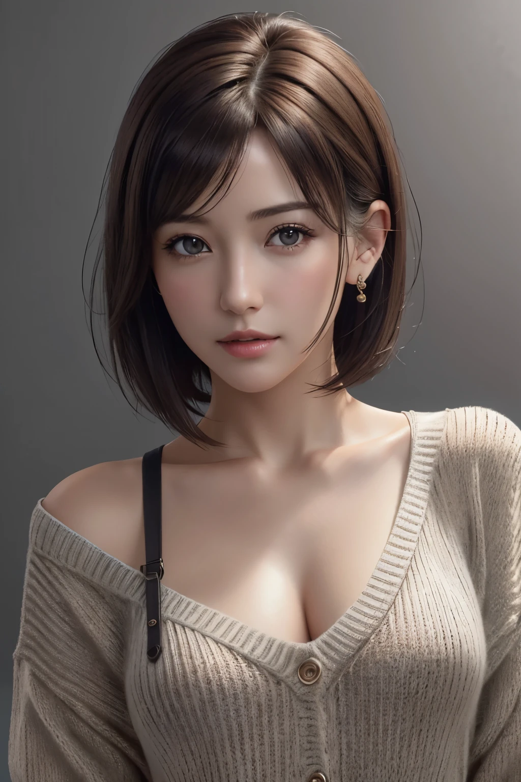 (Representative Works: 1.3), (8k, photorealistic, raw photos, Highest image quality: 1.4), (30 years old mature woman),small face, beautiful face, (realistic face),no makeup、natural makeup、light makeup、 (Dark brown, short hair: 1.3), beautiful hairstyle, realistic eyes, beautiful detailed eyes, (Photorealistic skin), beautiful skin, (sweater),small chest、Bust B Cup、 disorganized, Charm, 超High definition, Super realistic, High definition, golden ratio, FF Tifa、Gray background、