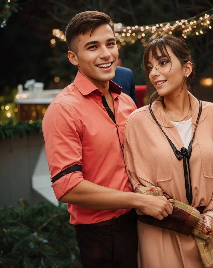 A couple hugging on the balcony during Christmas, they are in Christmas clothes