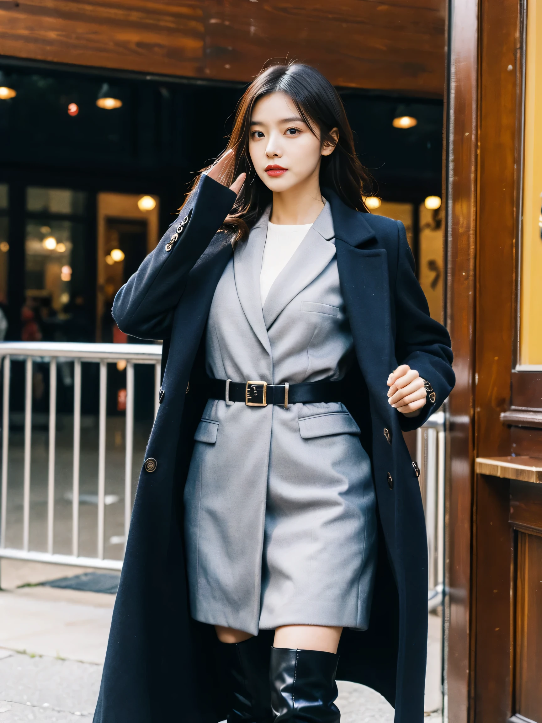 best quality,masterpiece,ultra high resolution,(actual:1.4),original photo,ultra high definition,8k,there a girl,fashionable clothes,Chanel style,Stylish skinny suit, Long coat,high-class fashion,grace, high boots,over the knee boots,Casual gestures,Leg length