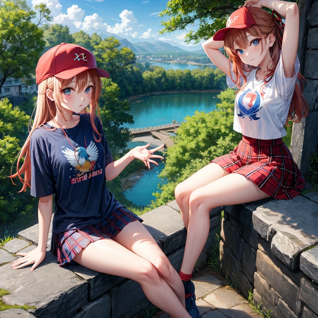 Red-blonde、blue hair、blue eyeraid、one good looking girl、solo、anime、Plaid miniskirt、black t-shirt、camisole、forest、sitting、Wearing a plaid baseball cap、Tilting your face、Doing the ribbon、sunset sky、stone bridge、stone stairs、petal、A small bird  flying、big tree、tunnel、Bang、stretching one&#39;s back、Fallen leaveixing glasses、Overlooking view