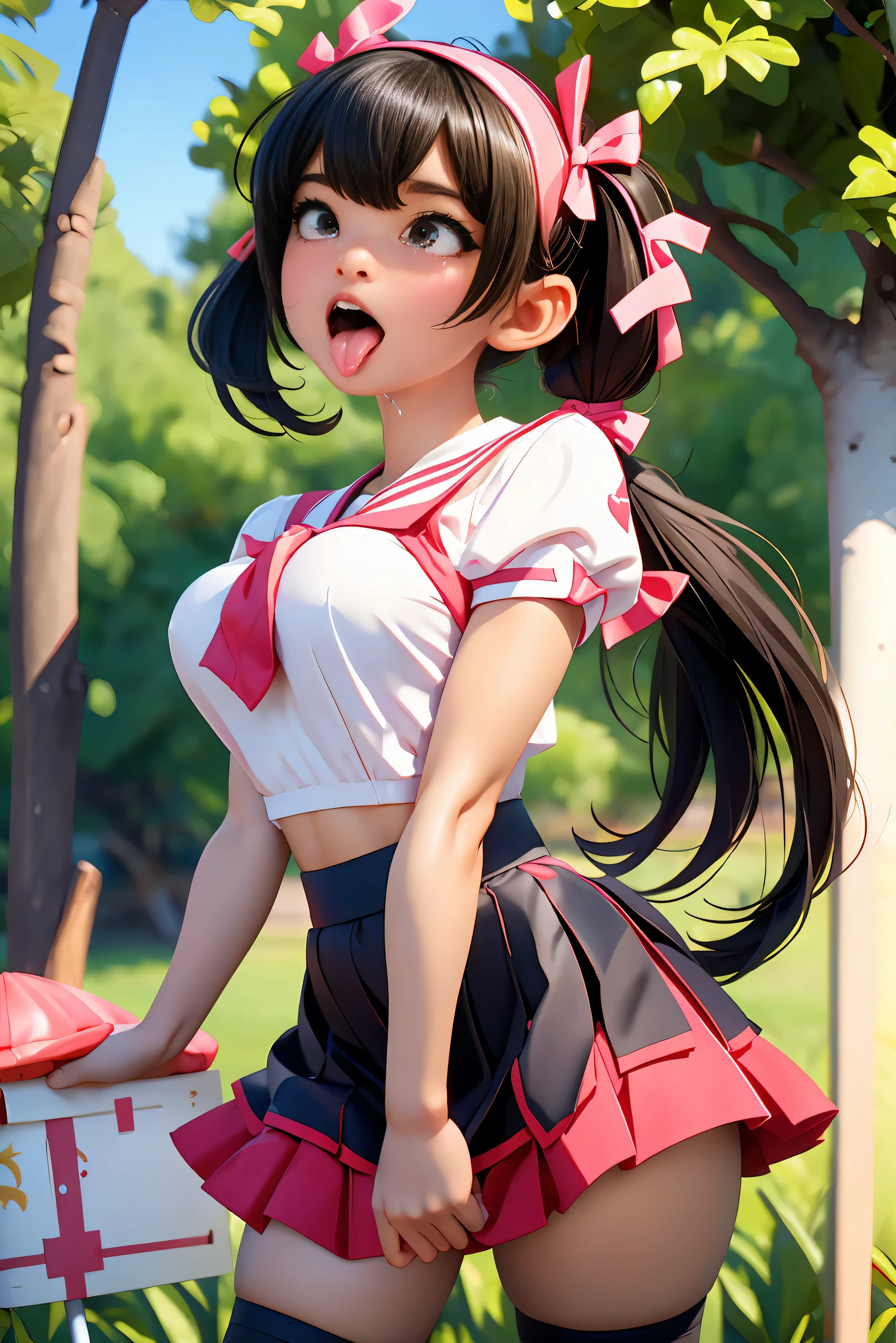 (Best Quality,4K,High resolution:1.2), Ultra-detailed, Realistic portrait, Best Quality, (outside japanese high school), (passionate scene),one very young looking high school girl, (intense emotion), (carp), (kiss:1.1), , (open eyes),(innocent look), student clothes, long black hair with bows and ribbons、Mini Pleated Skirt、(Stockings), on all fours, open mouth, (very big breasts), lingerie, pigtails, thin tiny waist, black and pink marching band uniform with bow, having fun, small body, big brown eyes, big cute smile, (full body, perfect long legs, looking up staring into camera, far away), (muscular lean abs, tight cropped blouse), (ahegao, tongue out, long tongue, open mouth, saliva dripping down)