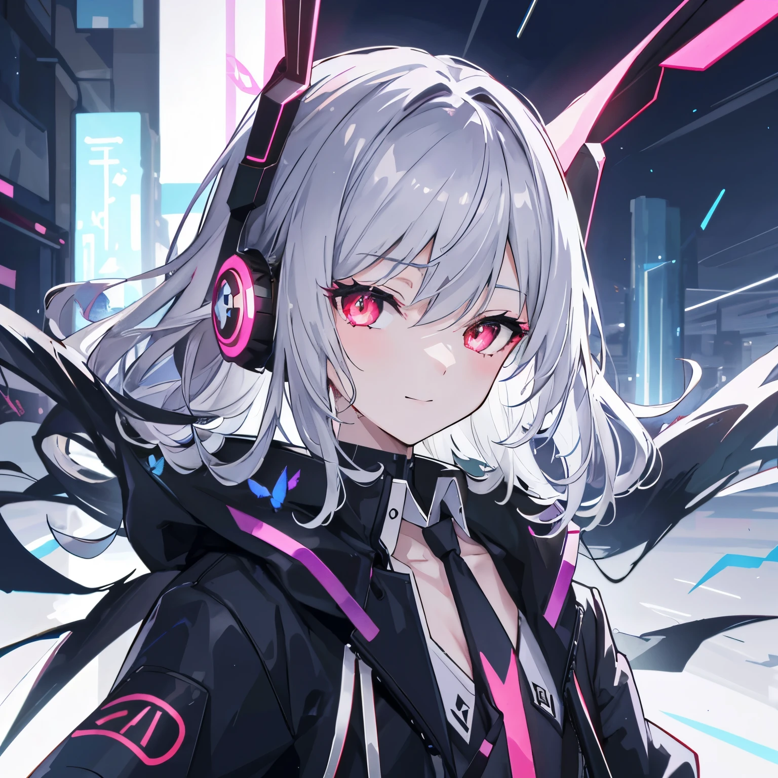 街角に一人で立っている1歳の女の子のvery detailed肖像画, Between the storm of lightning and cloudy skies, Neon and cyberpunk background, He wears punk clothes with silver chains and silver spikes, There's a butterfly wing clip in her wild hair, I have headphones and a tie, small, Detailed bright red eyes with distinct pupils, sinister halo aura, smile, punk, cyberpunk, Backlight, masterpiece, highest quality, intricate details, disorganized, chromatic aberration, Depth of bounds written, Soft Illuminaochon, tone mapping, very detailed, art station, conceptual art, Smooth and sharp focus, dramatic illumination, very detailedイラスト, cinematic, art stationの動向, 8K, Incredibly detailed shadow ond: 1.0)