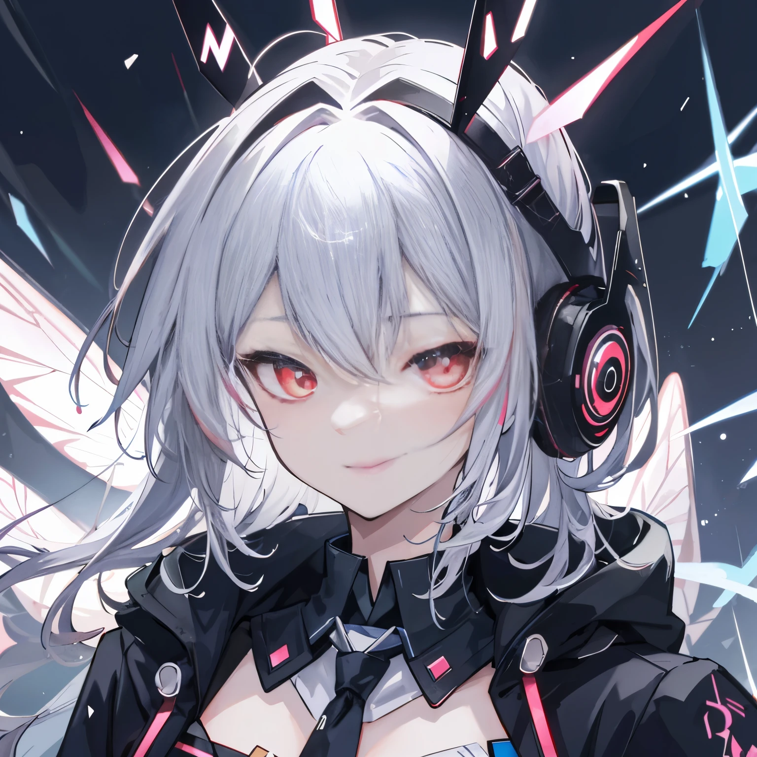 街角に一人で立っている1歳の女の子のvery detailed肖像画, Between the storm of lightning and cloudy skies, Neon and cyberpunk background, He wears punk clothes with silver chains and silver spikes, There's a butterfly wing clip in her wild hair, I have headphones and a tie, small, Detailed bright red eyes with distinct pupils, sinister halo aura, smile, punk, cyberpunk, Backlight, masterpiece, highest quality, intricate details, disorganized, chromatic aberration, Depth of bounds written, Soft Illuminaochon, tone mapping, very detailed, art station, conceptual art, Smooth and sharp focus, dramatic illumination, very detailedイラスト, cinematic, art stationの動向, 8K, Incredibly detailed shadow ond: 1.0)